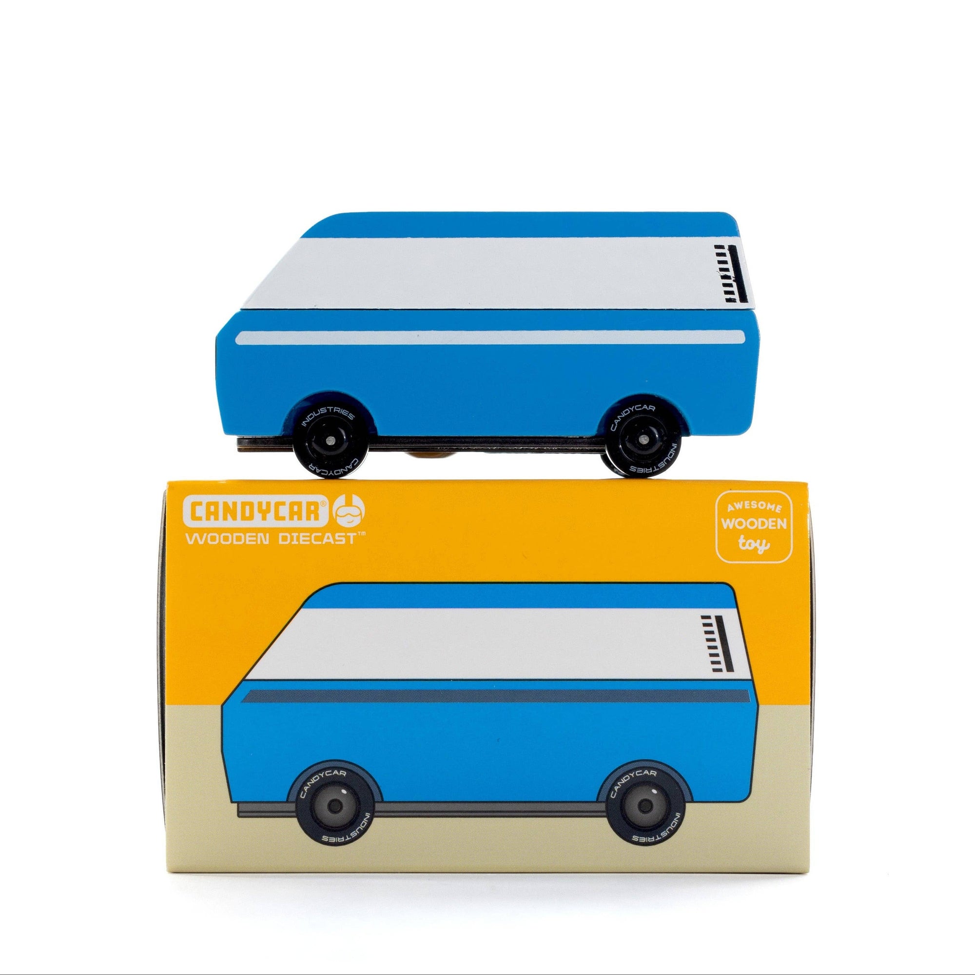 Blue toy van on top of its packaging box with 'Candylab' branding.