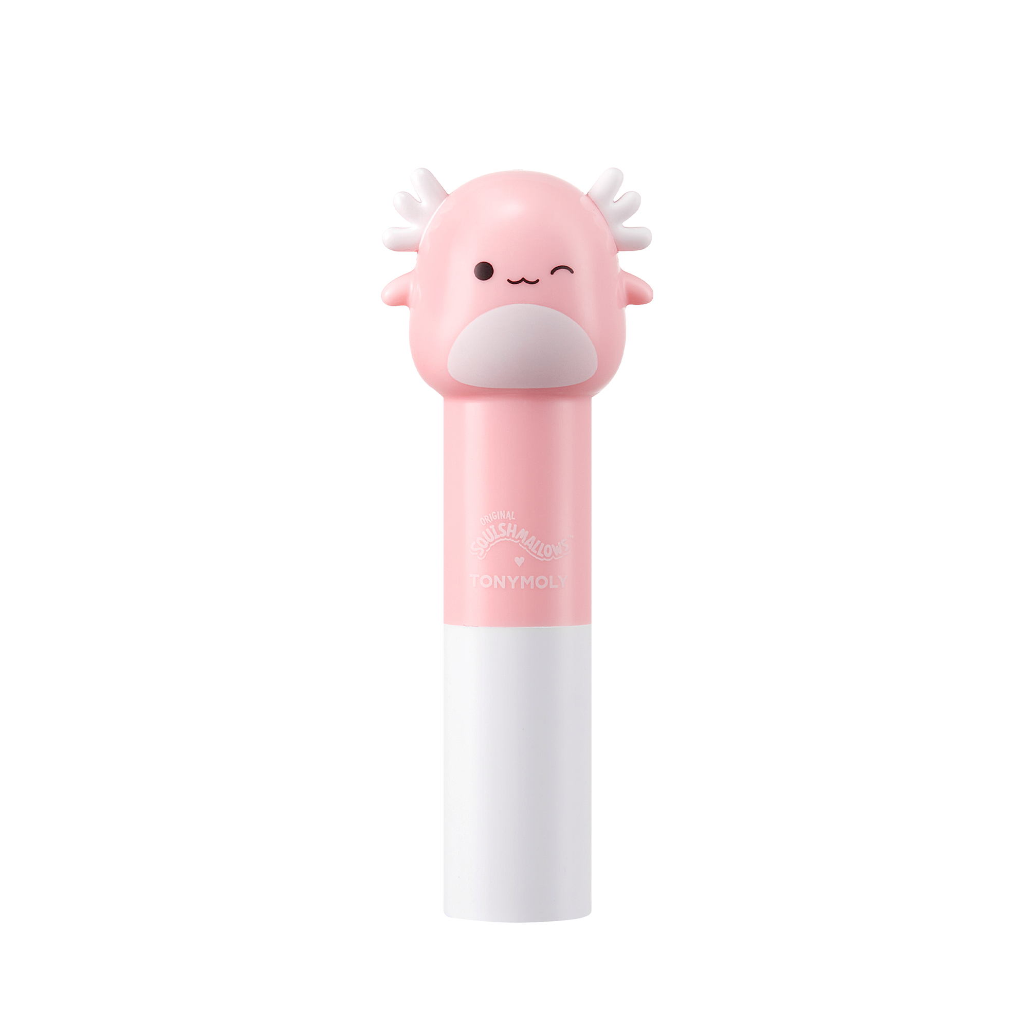 Pink and white toy with a cute face on a white background