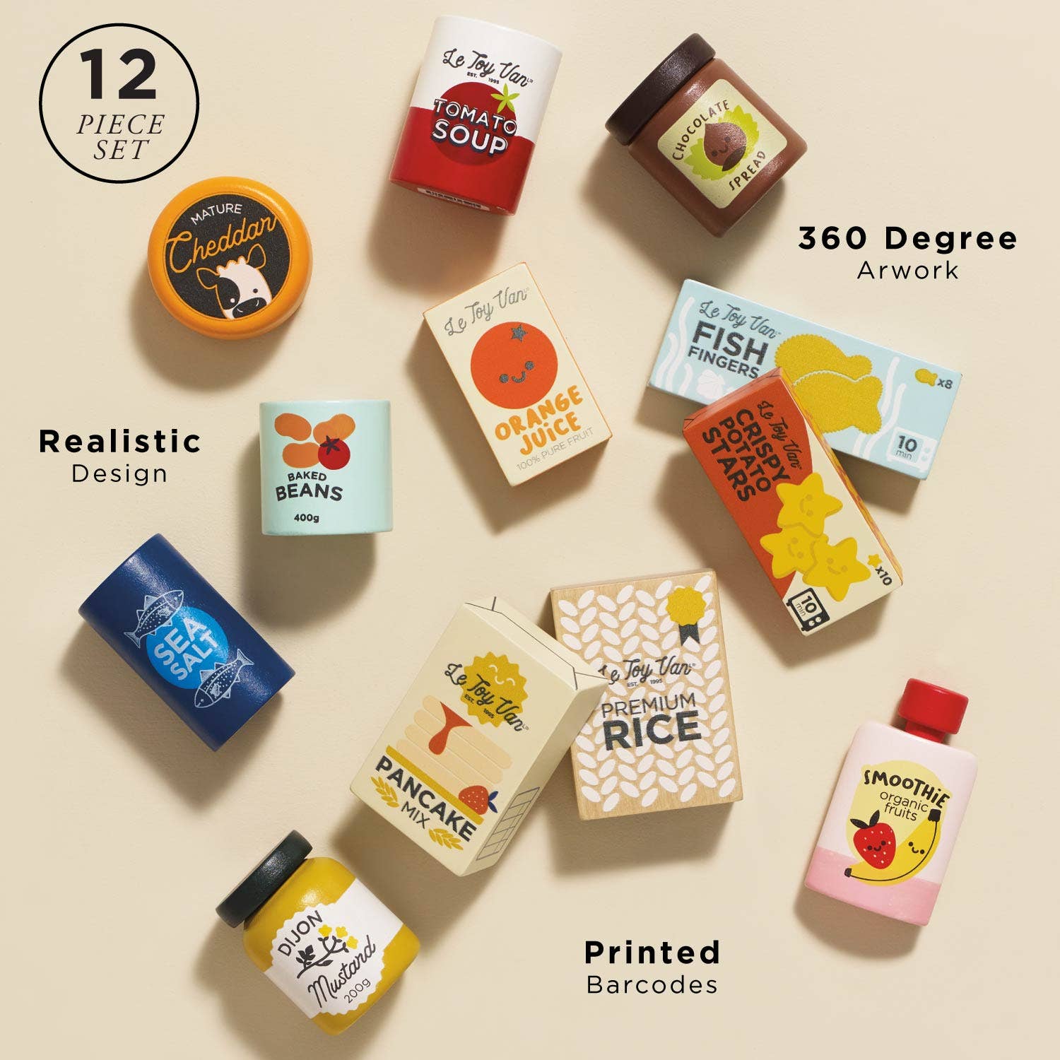 Set of toy food packaging with various labels on a beige background