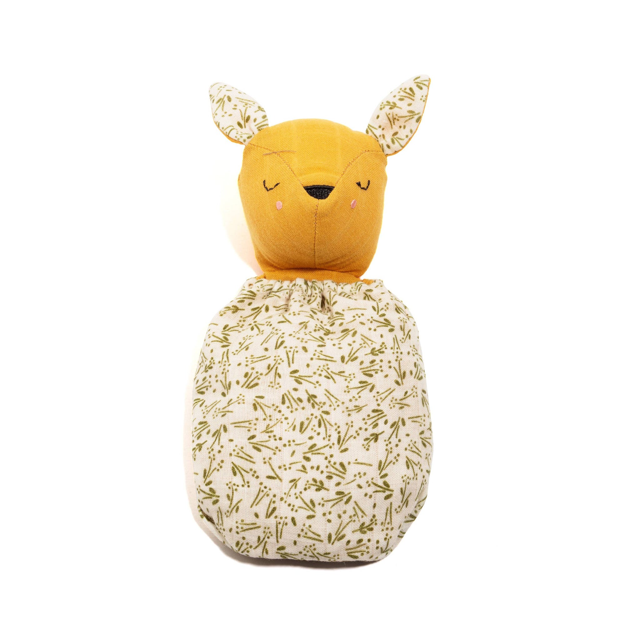 Plush toy deer with a patterned body on a white background