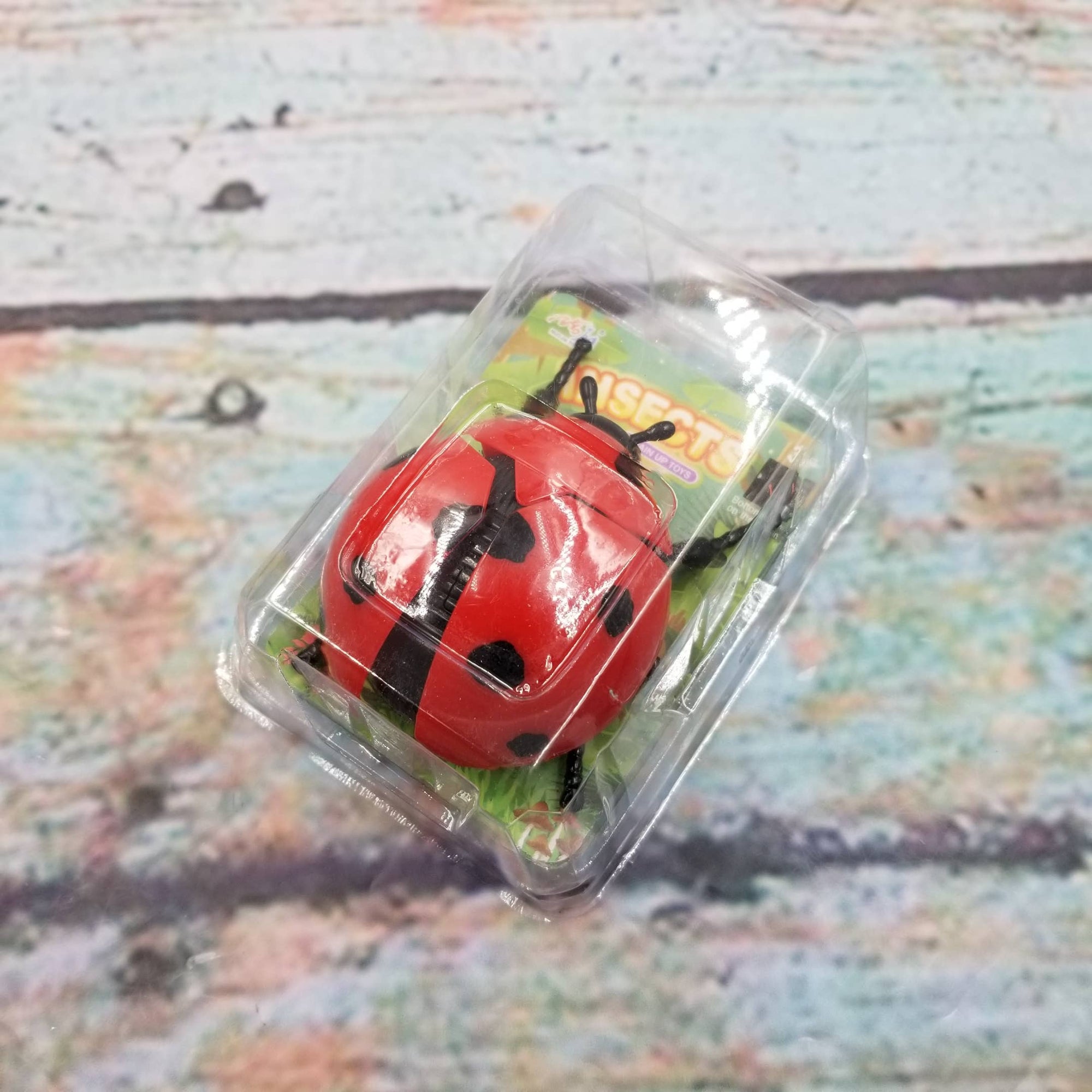 Red ladybug toy in clear packaging on a patterned surface