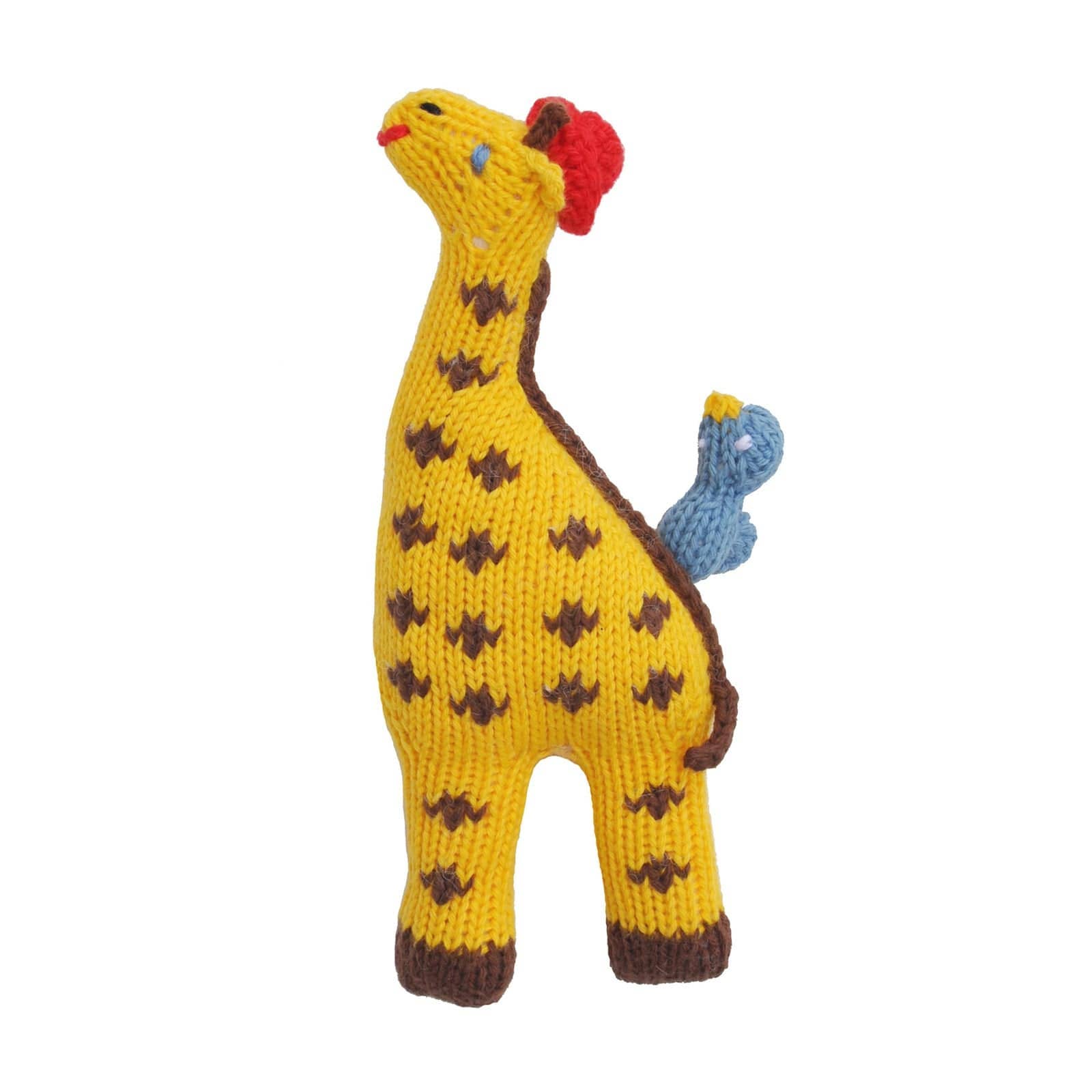 Knitted giraffe toy with a bird on a white background