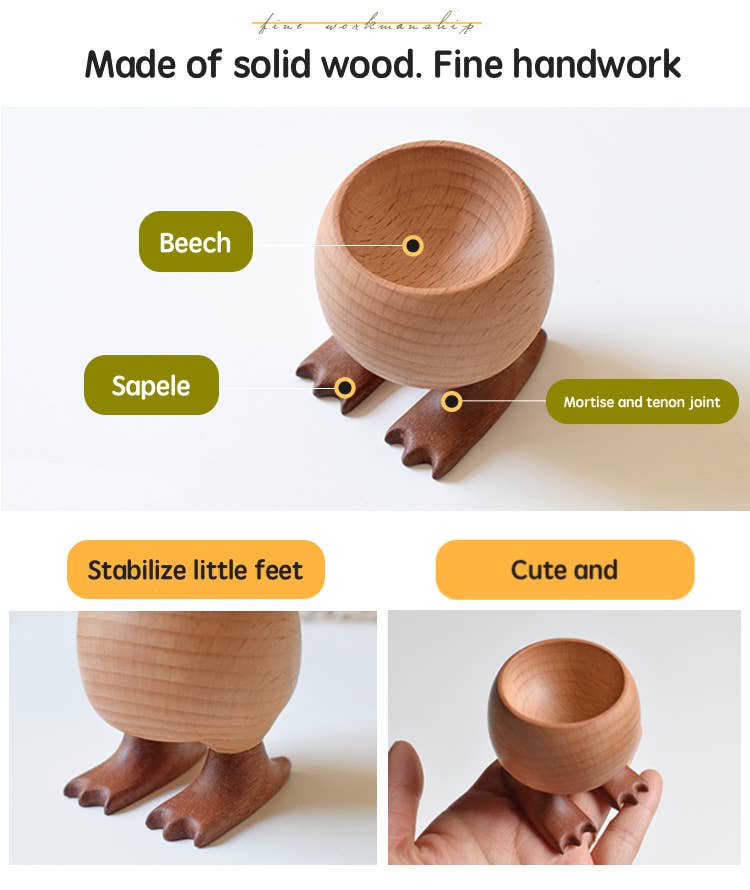 Wooden product with text highlighting its features on a white background