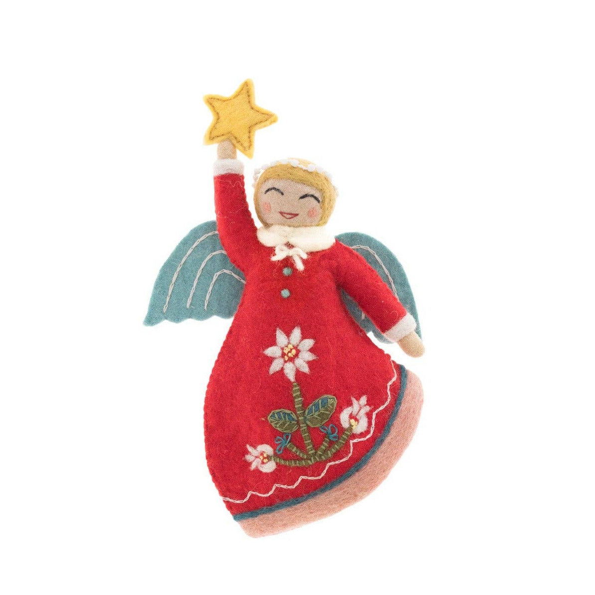 Decorative angel figurine holding a star on a white background