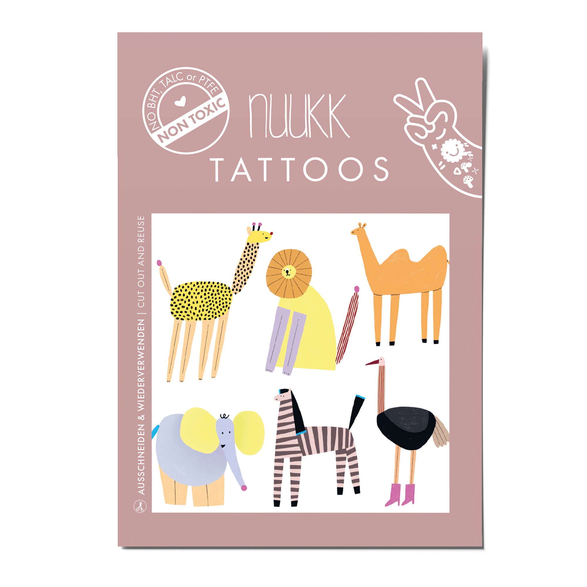 A package of Nuukk Tattoos featuring a dusty pink background with a white central panel displaying colorful cartoon animal illustrations, including a giraffe, lion, camel, elephant, zebra, and ostrich.