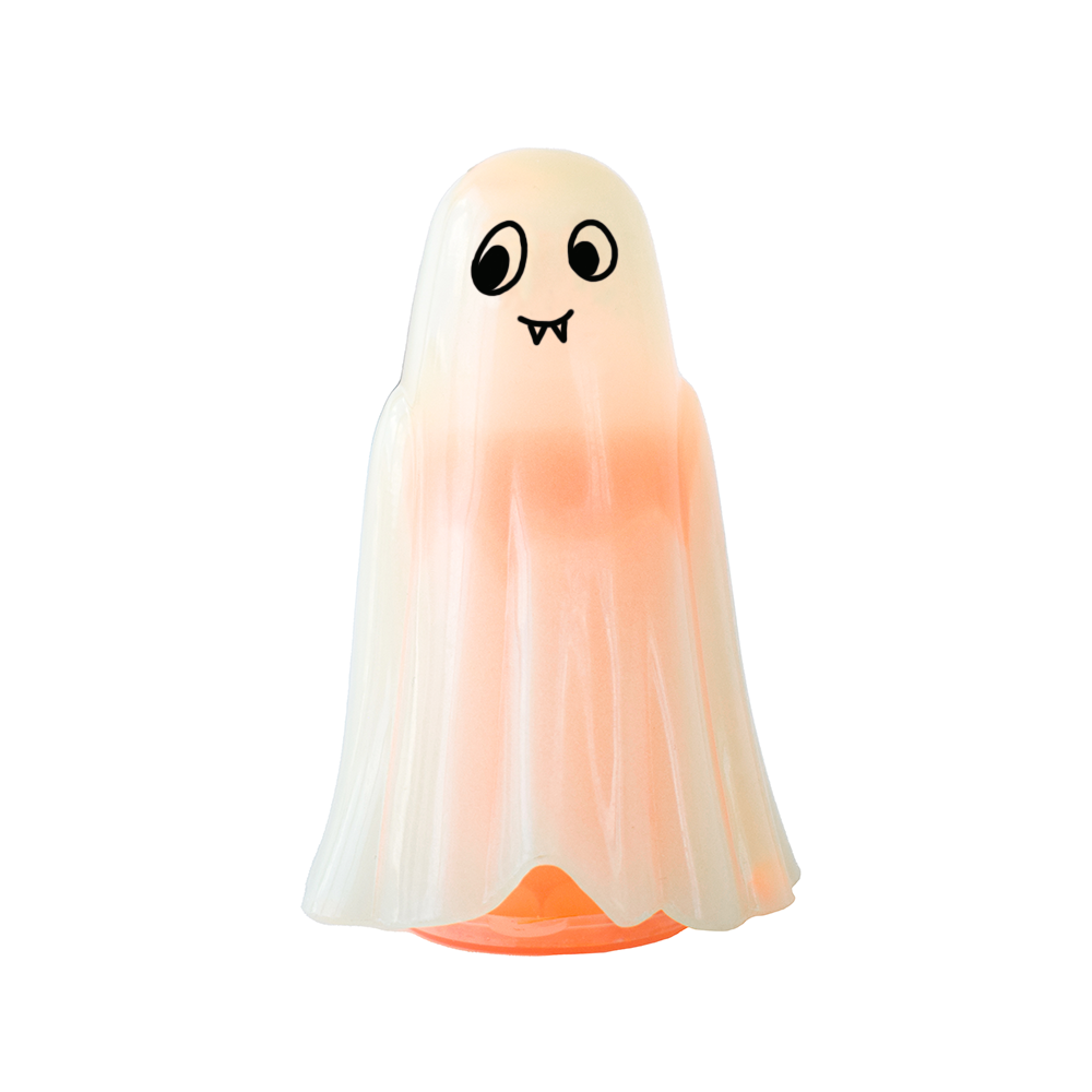 Ghost-shaped night light with a gradient from white to orange on a white background