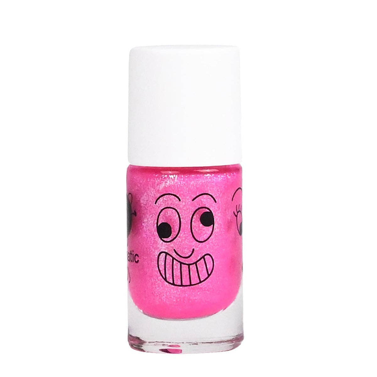 Pink nail polish bottle with a smiley face design on a white background