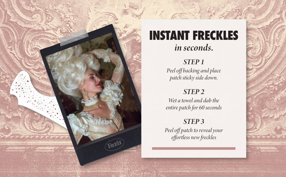 Product packaging with instructions for instant freckles on a decorative background