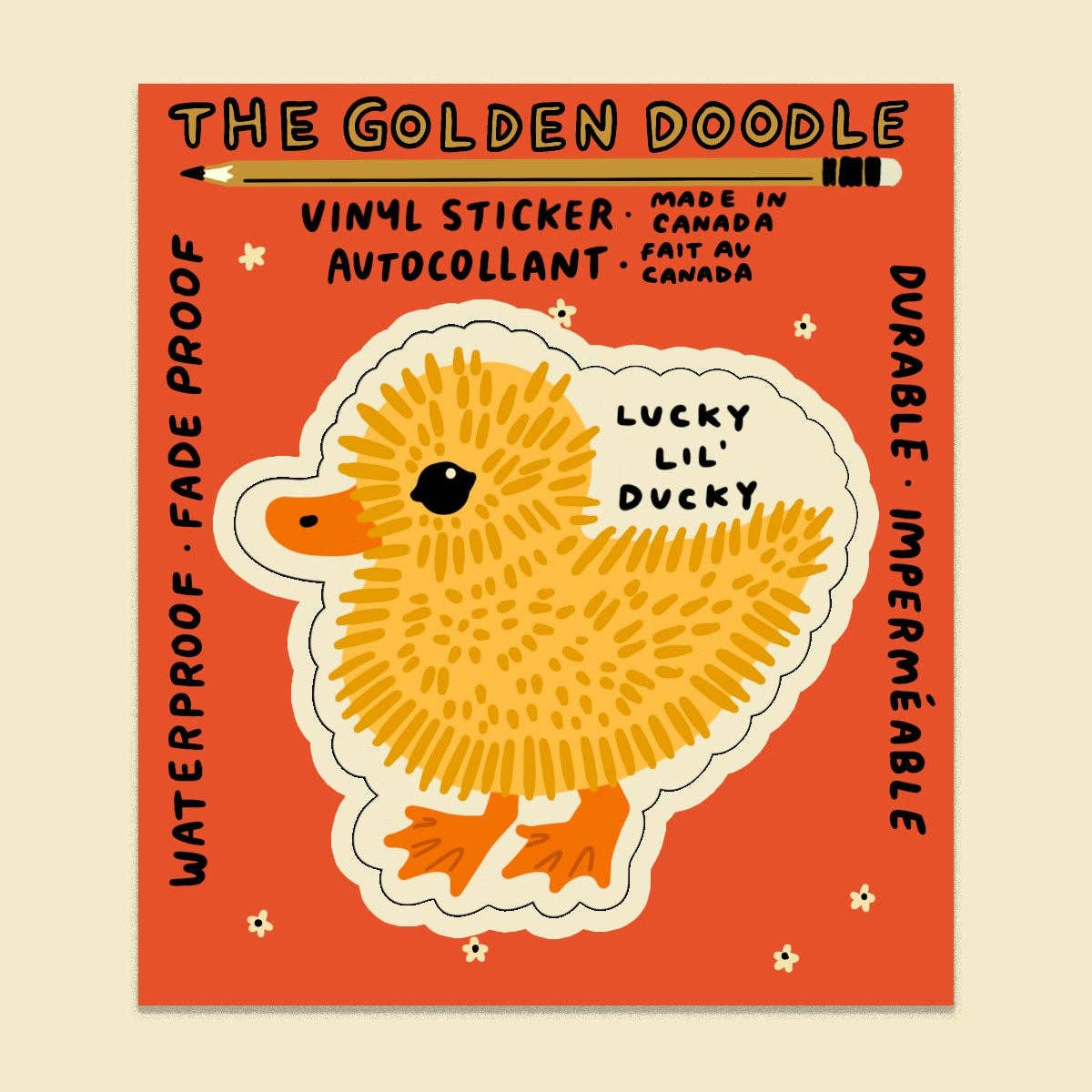 Vinyl sticker of a duck on an orange background with text about the product.