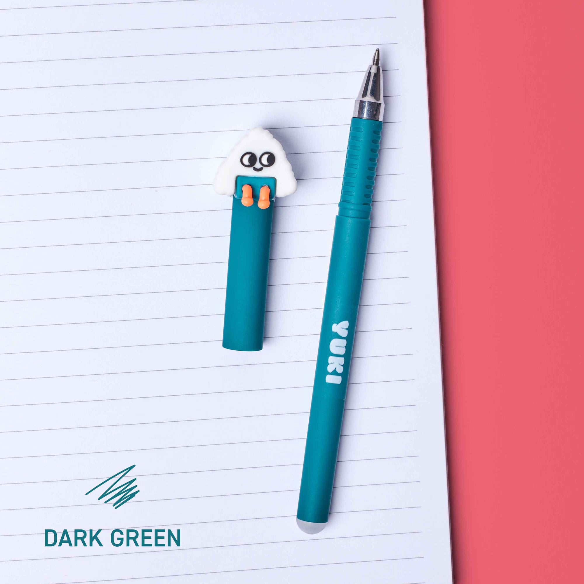 Teal pen with cartoon character on a lined notebook page