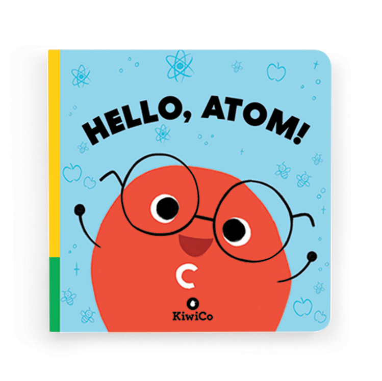 Children's book titled 'Hello, Atom!' with a colorful cover featuring a cartoon character and the brand 'KiwiCo'.