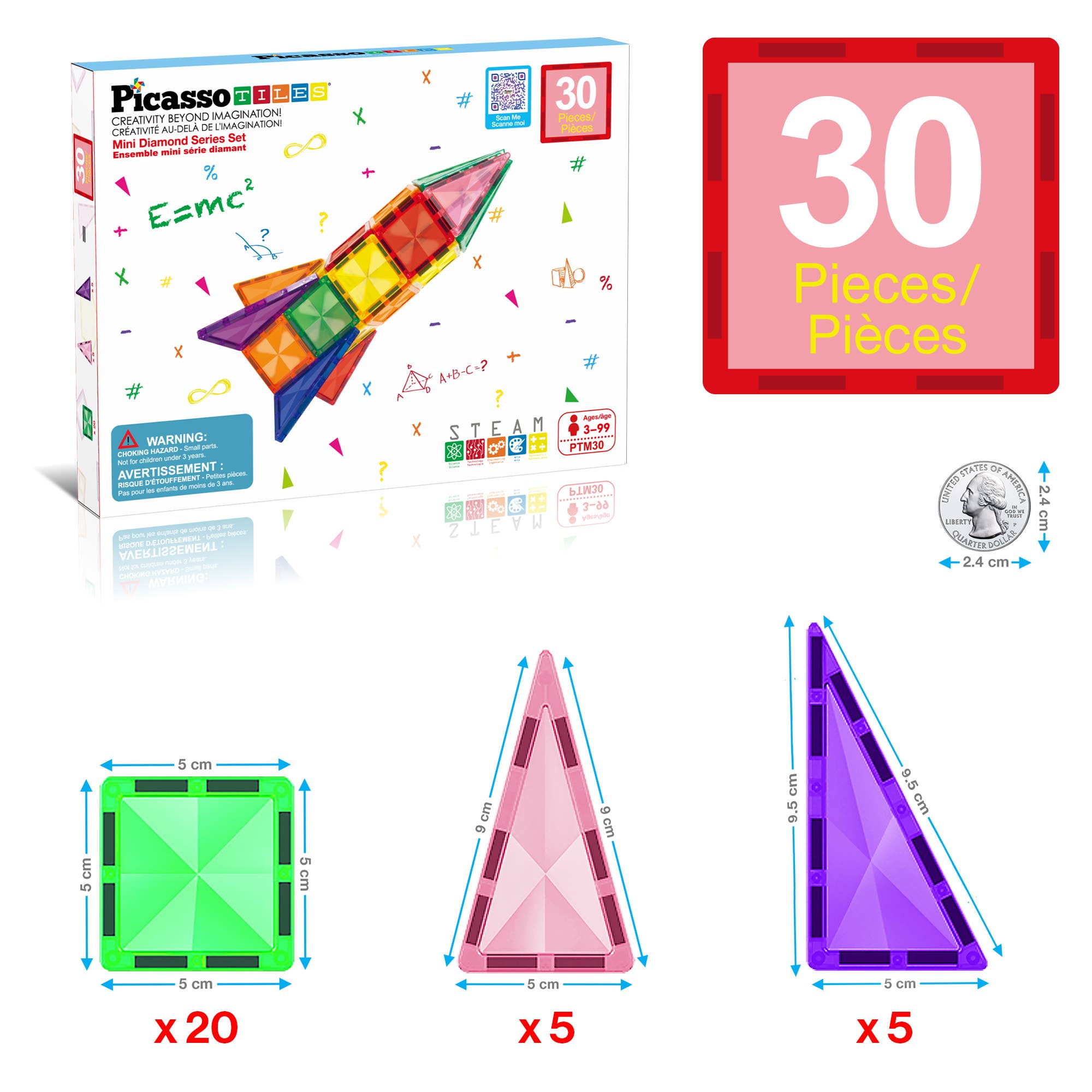 PicassoBeez geometric building set packaging with colorful shapes and dimensions on a white background.