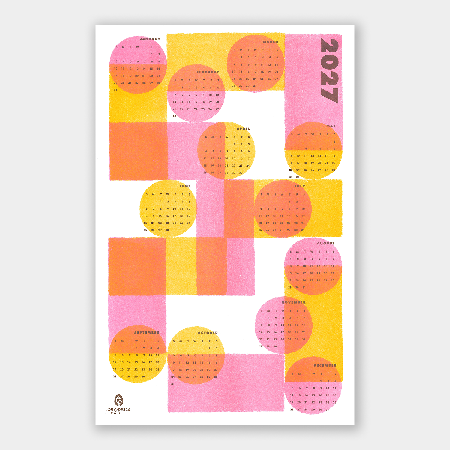 A minimalist 2027 wall calendar poster featuring a geometric pattern of pink, orange, and yellow blocks and circles on a white background, with the days of the week printed inside the circular shapes.