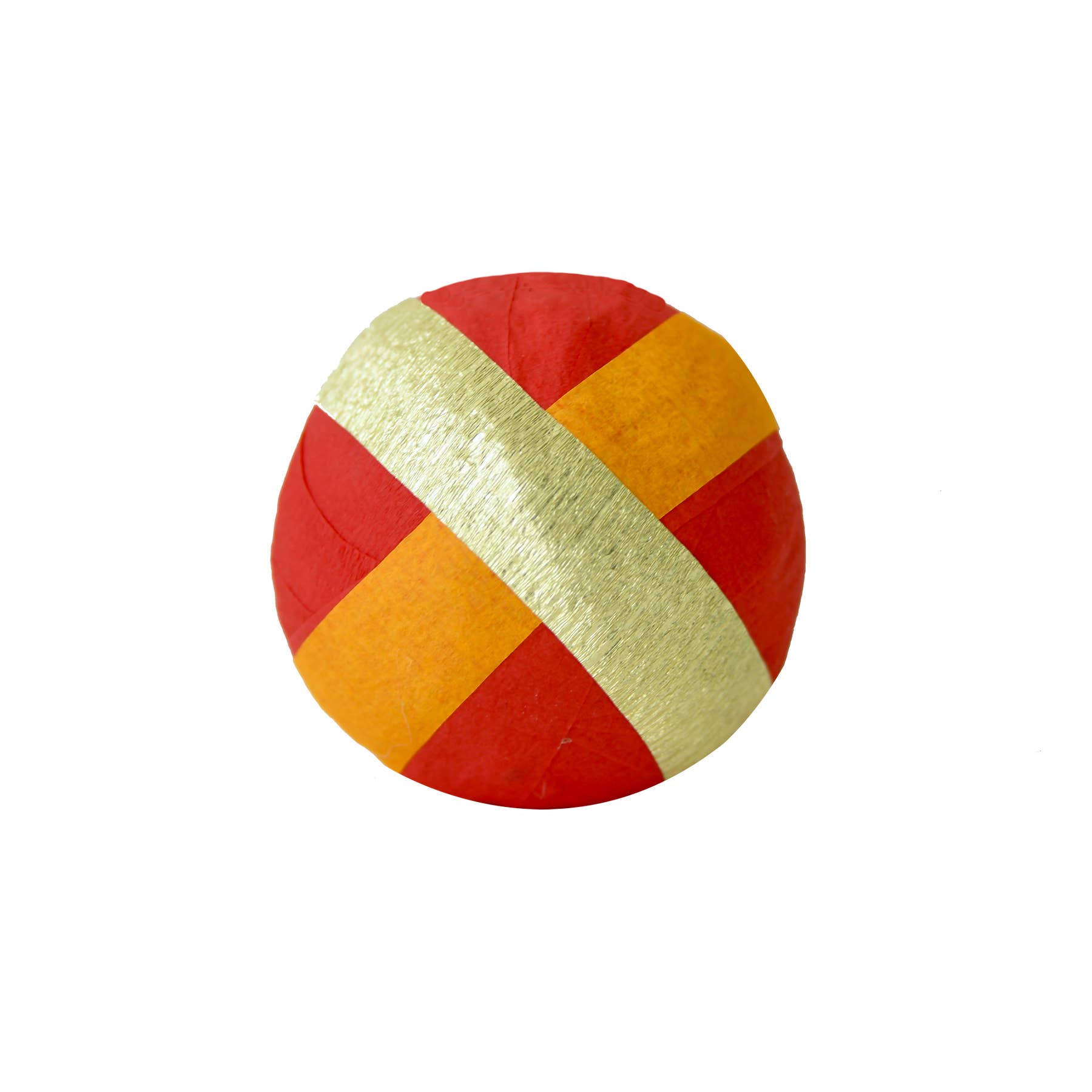 Round surprise ball with red, orange, and gold colors on a white background