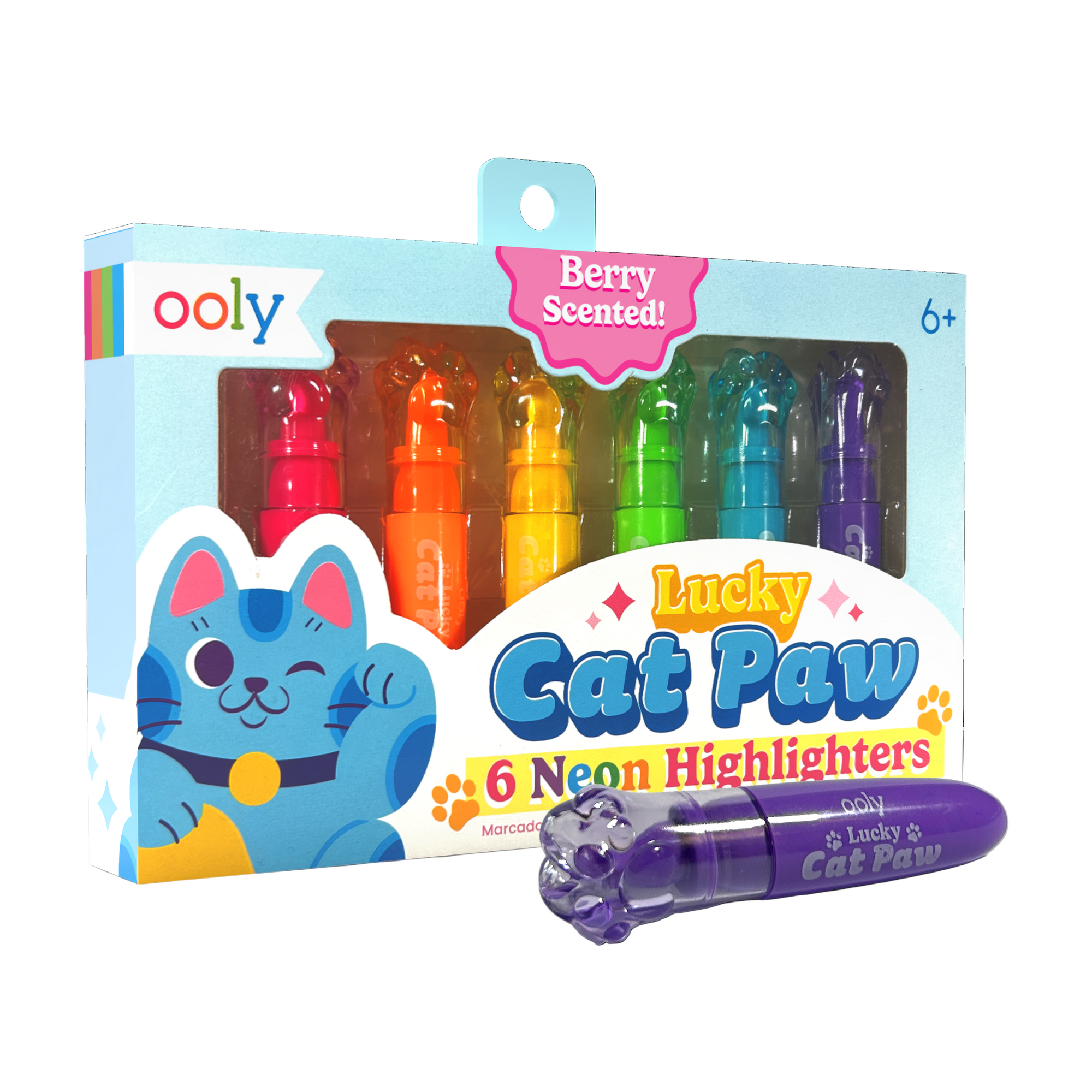 Packaging of Lucky Cat Paw neon highlighters with a purple highlighter in front.