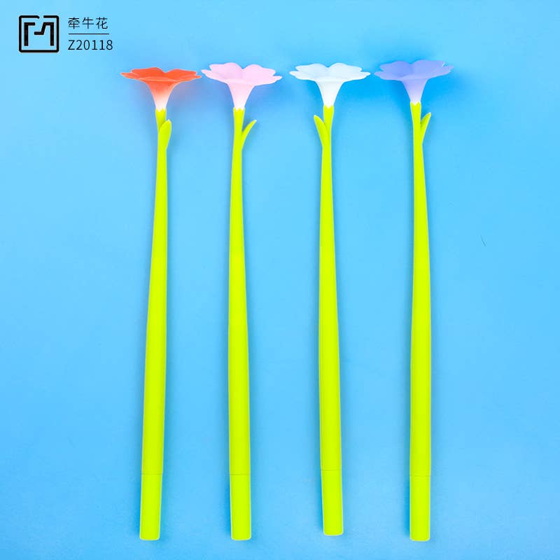 Four colorful flower-shaped pens on a blue background