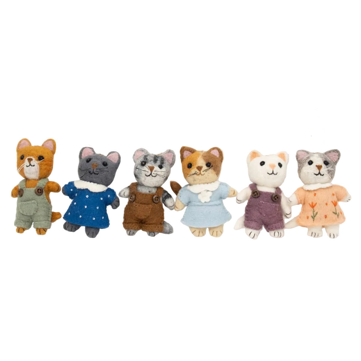 Set of six small cat-shaped plush toys with different outfits on a white background