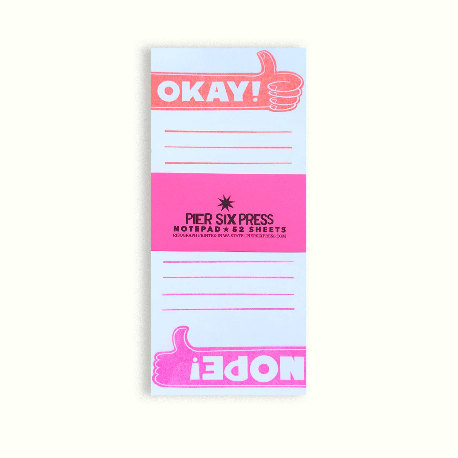 Notepad with 'OKAY!' and 'NOPE!' text andthumbs up design on a white background