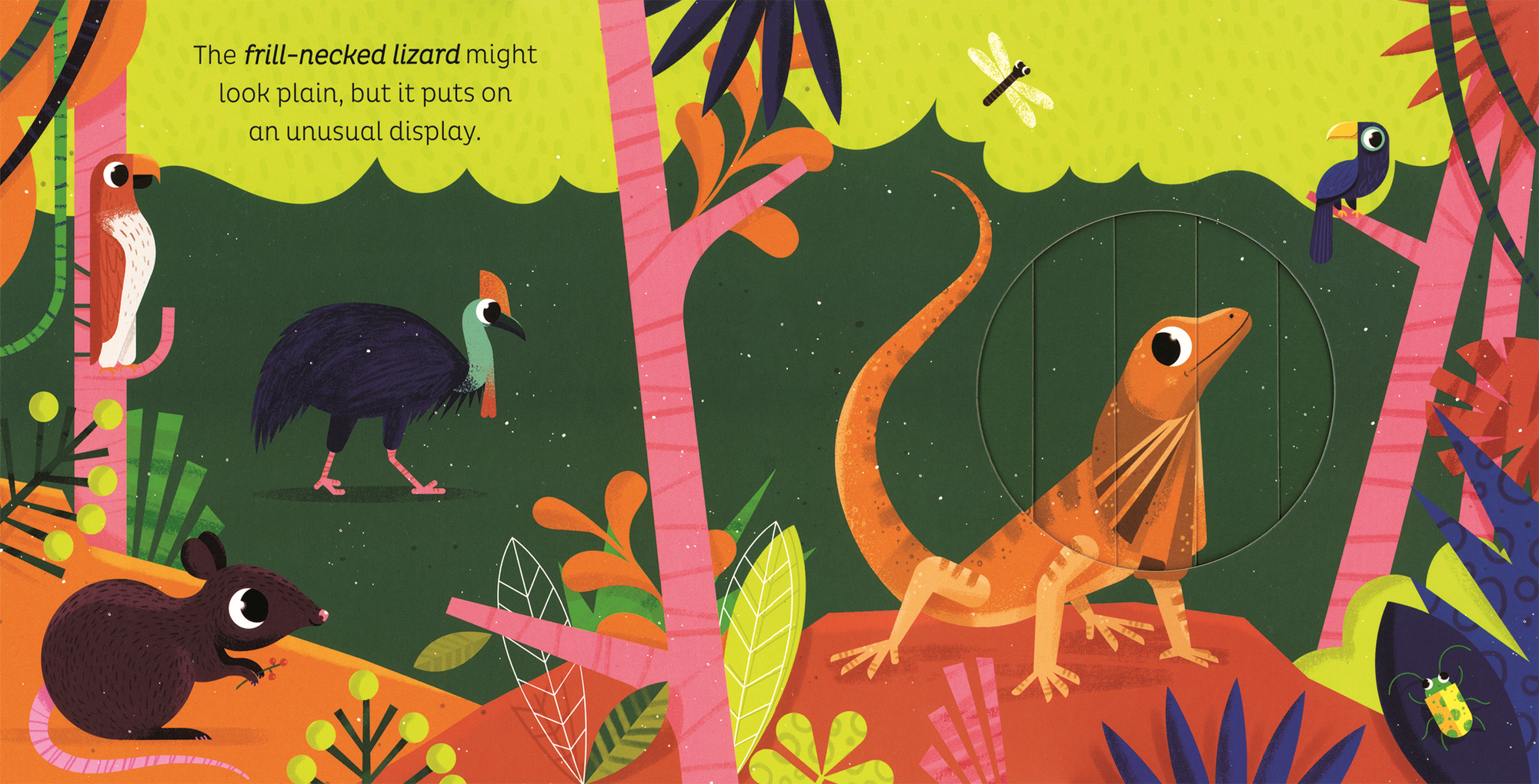 Illustration of a lizard in a colorful jungle scene with text