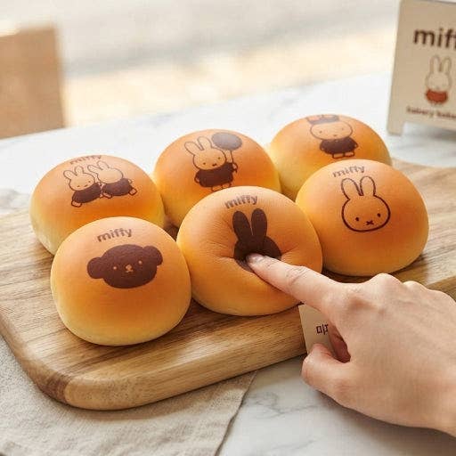 Five round baked bread rolls with cute cartoon drawings and the word 'miffy' printed on them, arranged on a wooden board. A hand is pressing into the center of one roll.