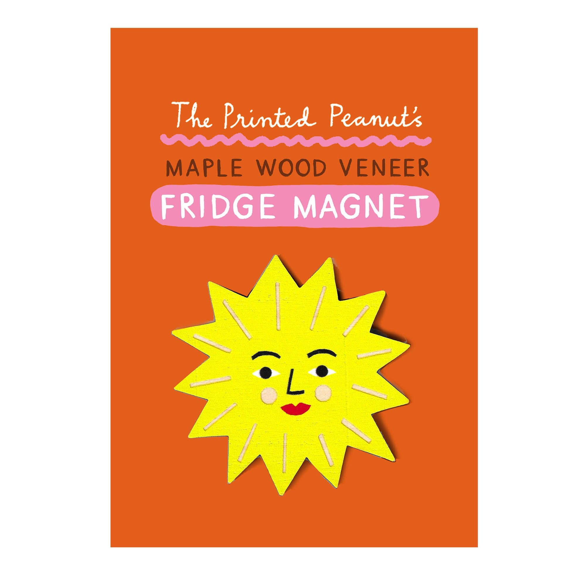 A rectangular orange fridge magnet with a smiling yellow sun illustration and text reading 'The Printed Peanut's MAPLE WOOD VENEER FRIDGE MAGNET' on a white background.