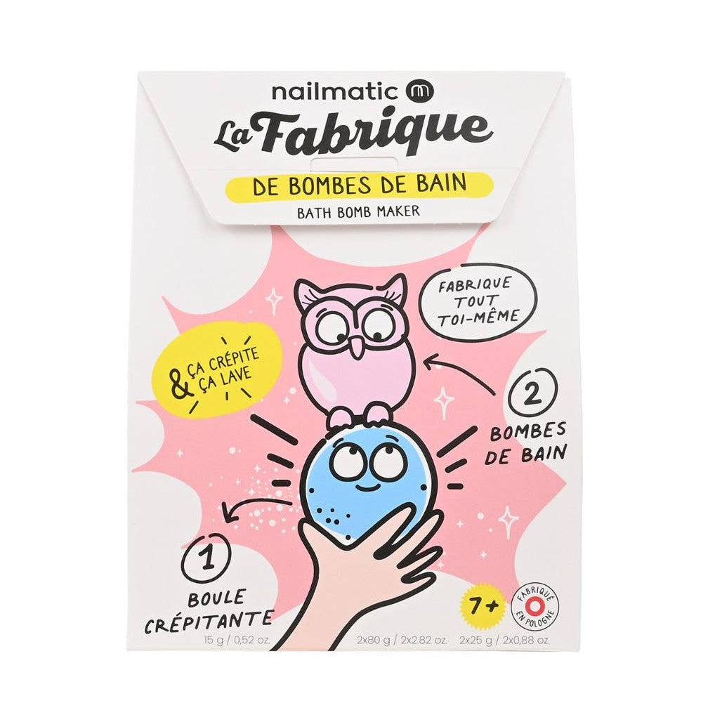 Packaging of a bath bomb maker with owl design on a white background