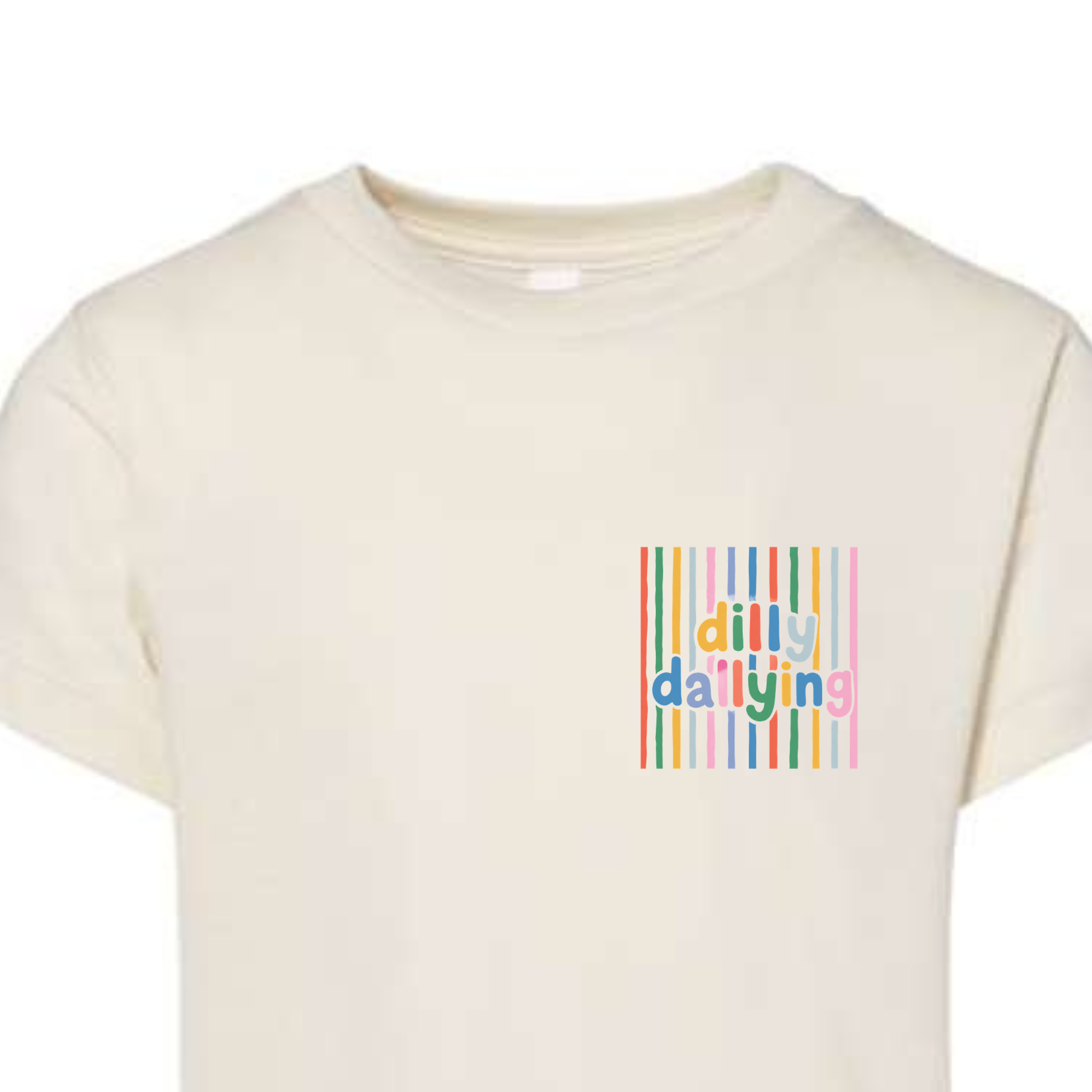White t-shirt with colorful text design on a white background
