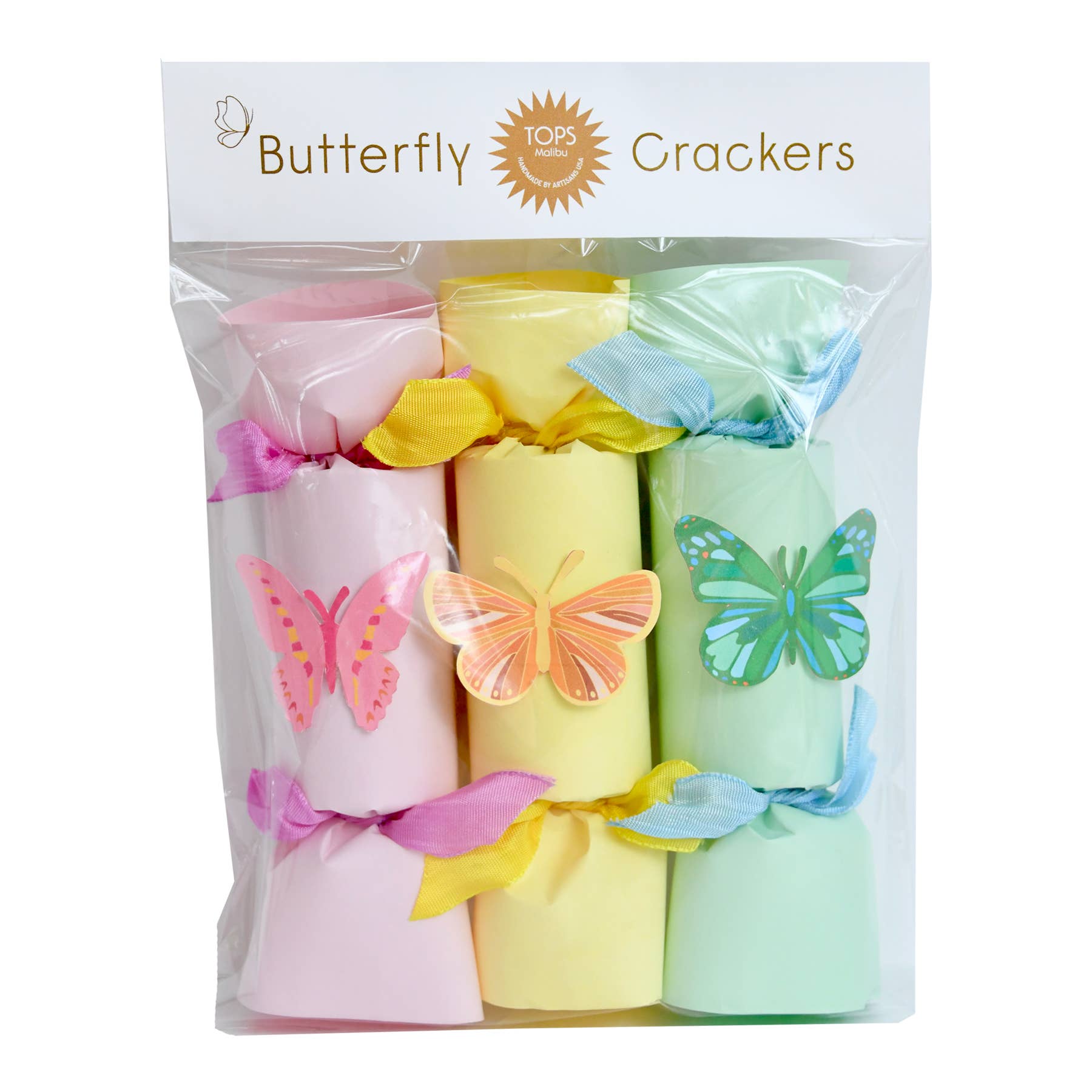 Packaged butterfly crackers with colorful butterflies on a white background