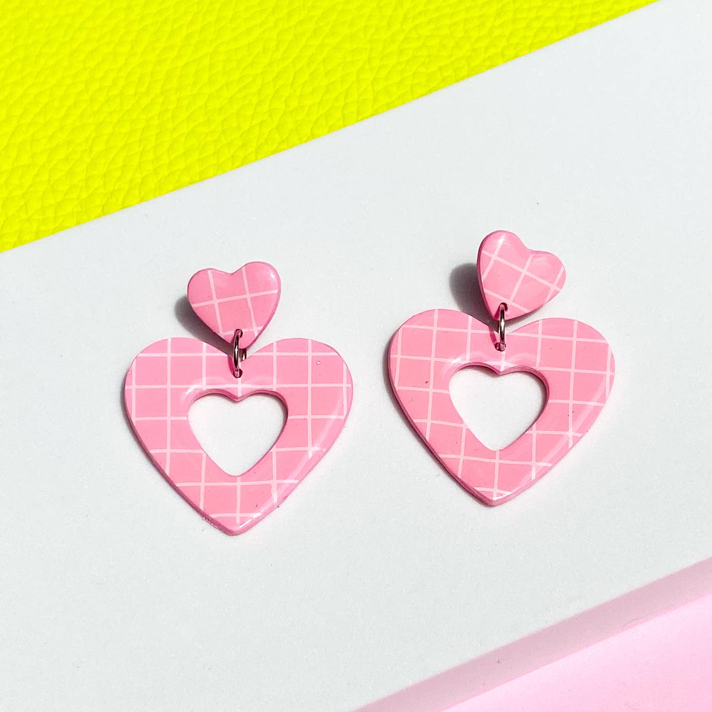 Heart Dangle Earrings in Pink and White Grid