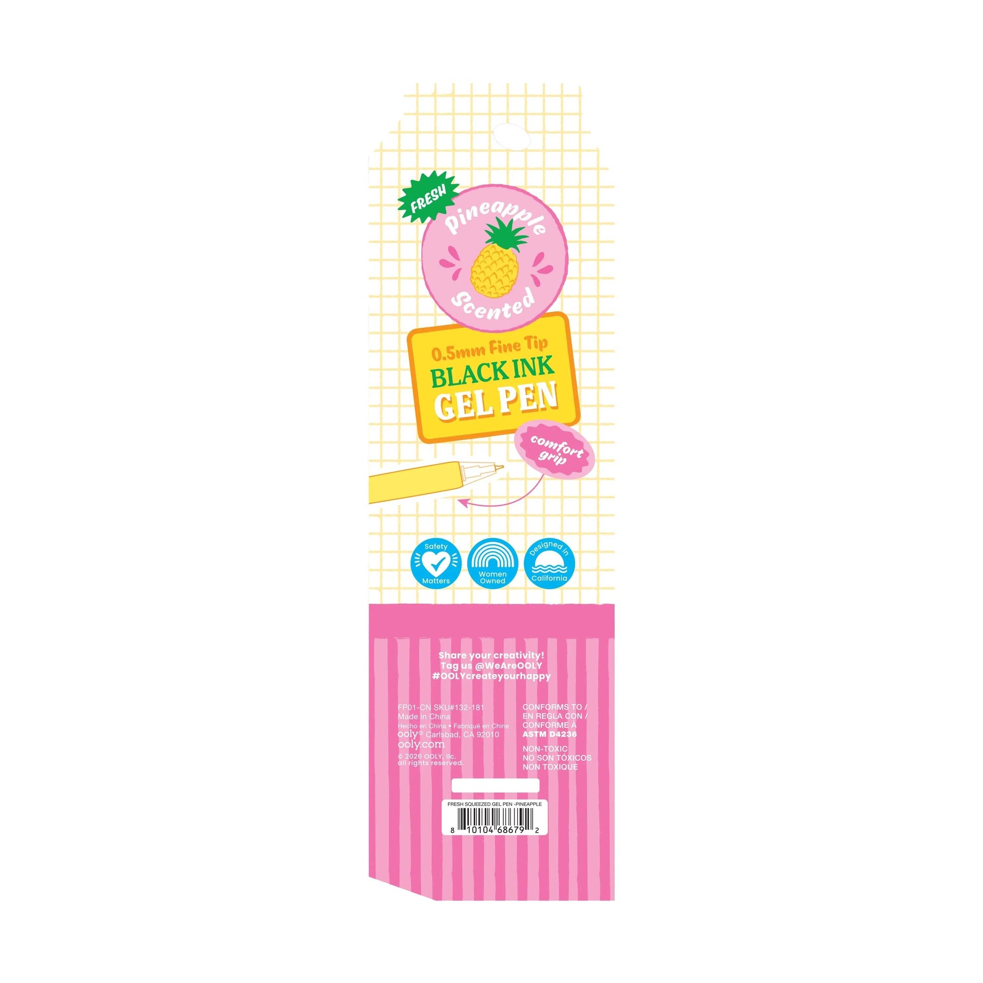 Pineapple-scented black ink gel pen packaging with pink and yellow design on a white background