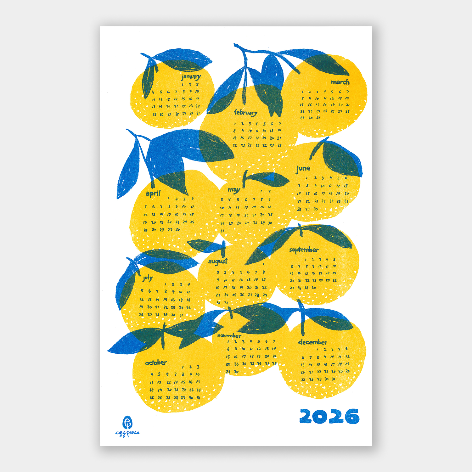 2026 calendar with lemon design on a white background
