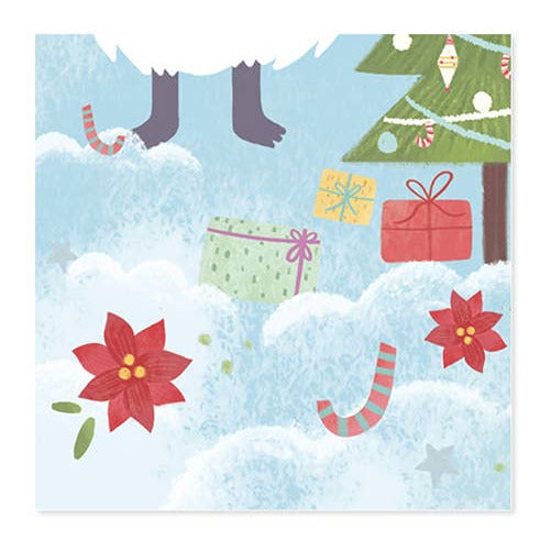 Christmas-themed design with presents, poinsettias, and a tree on a blue background