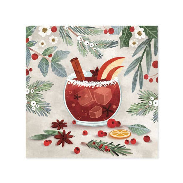 Napkin with a festive drink design featuring berries, leaves, and spices on a white background