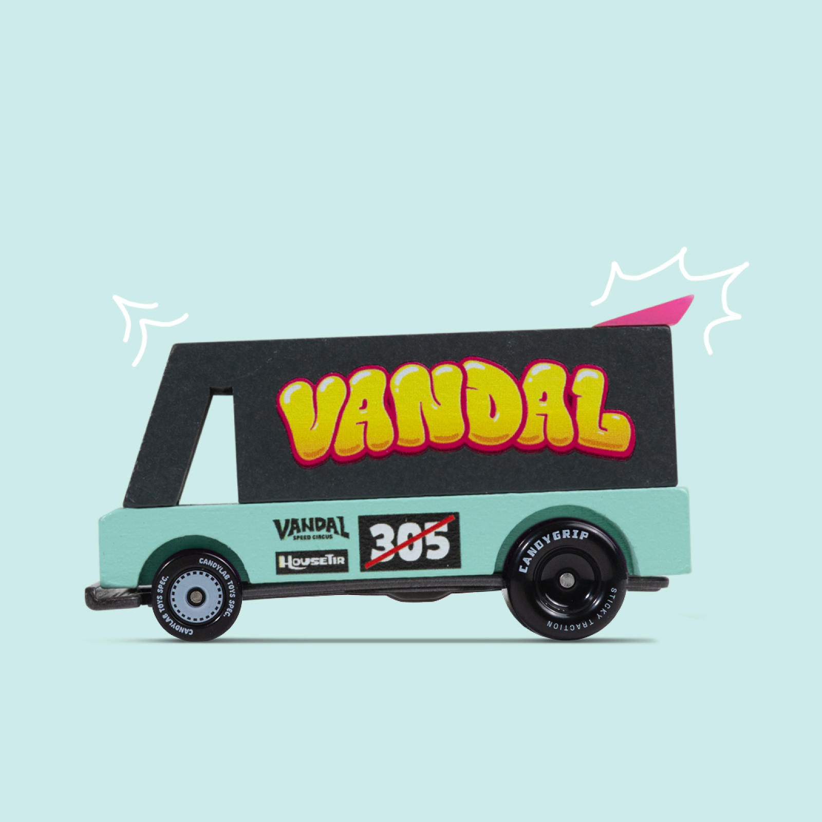 Model van with 'Vandal' branding on a light blue background
