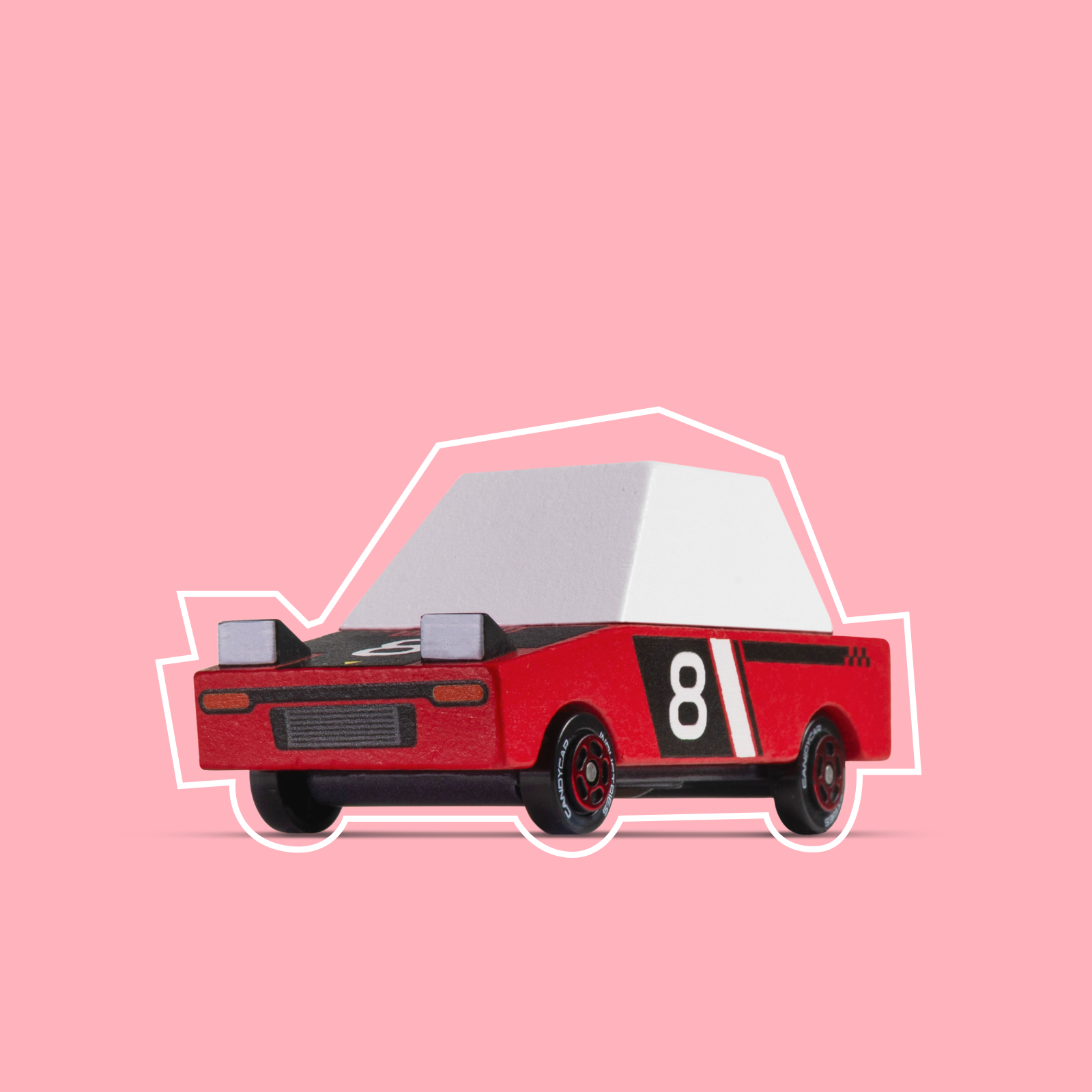 Red toy car with the number 8 on a pink background