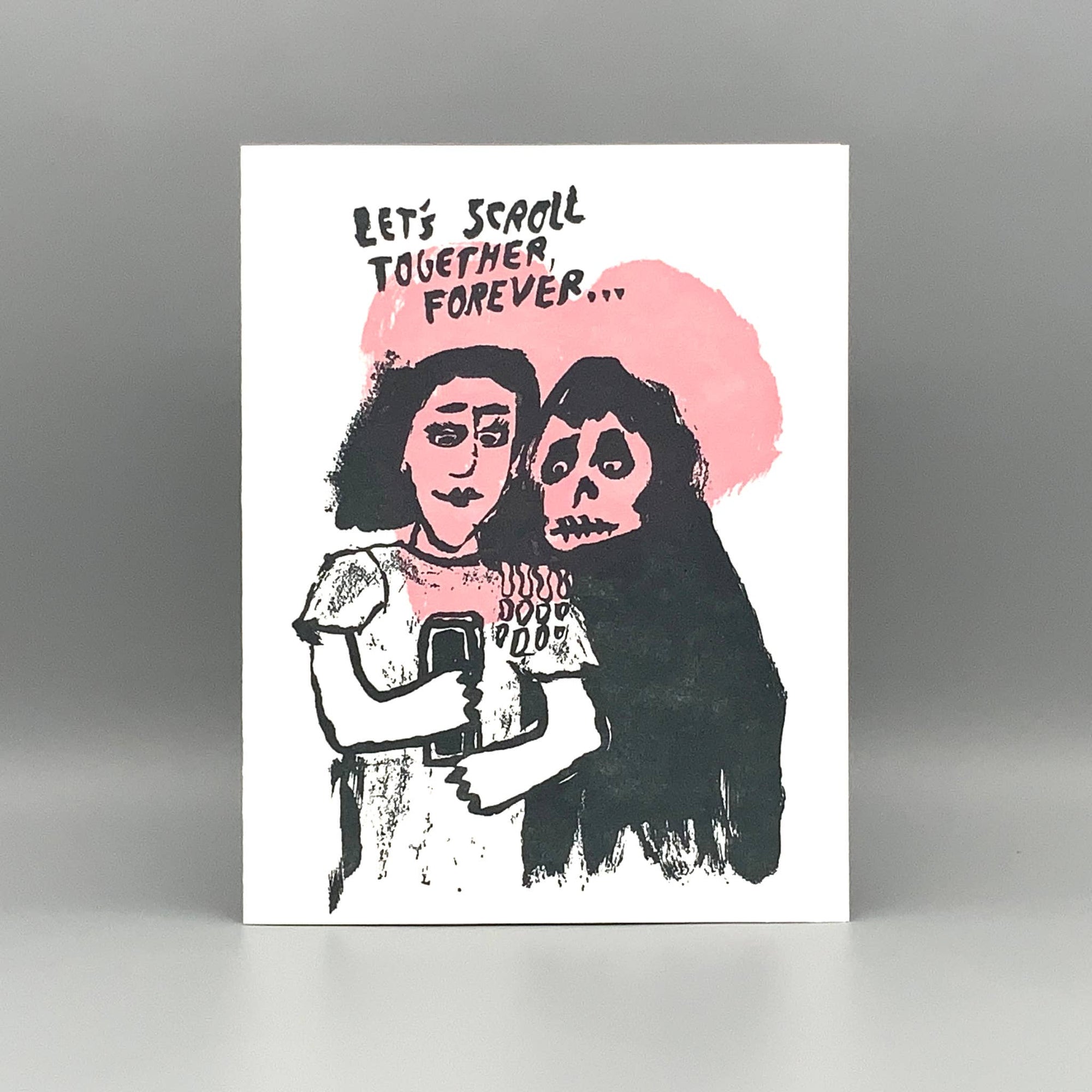 Card with illustration of two people hugging and text 'Let's scroll together, forever' on a gray background