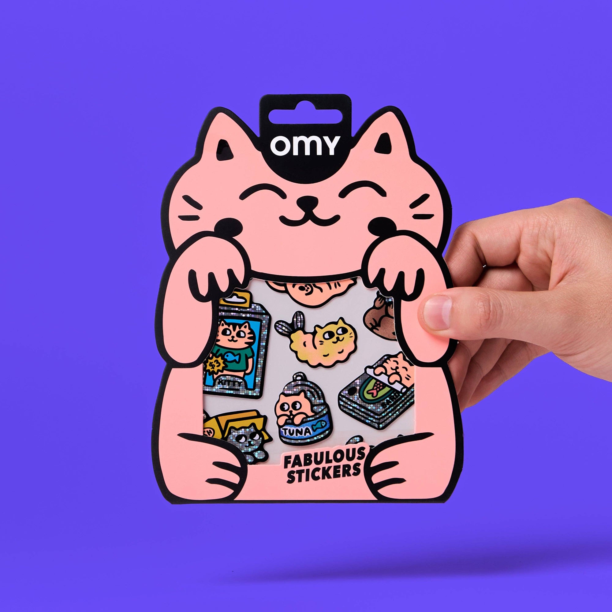 Pack of stickers with a cartoon cat design on a purple background
