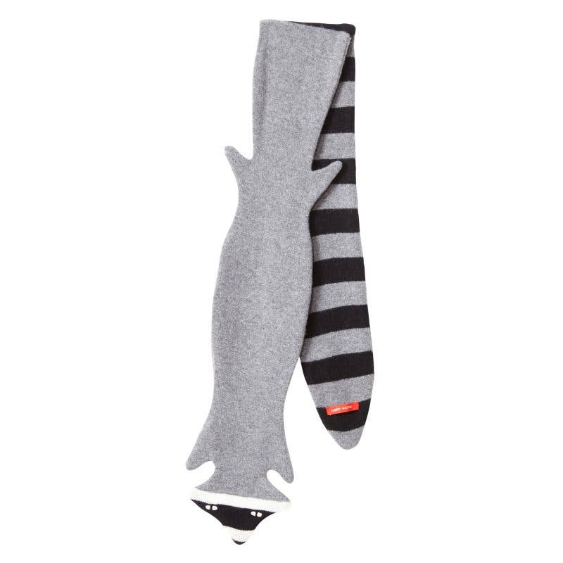 Gray racoon-shaped scarf with a striped pattern on a white background