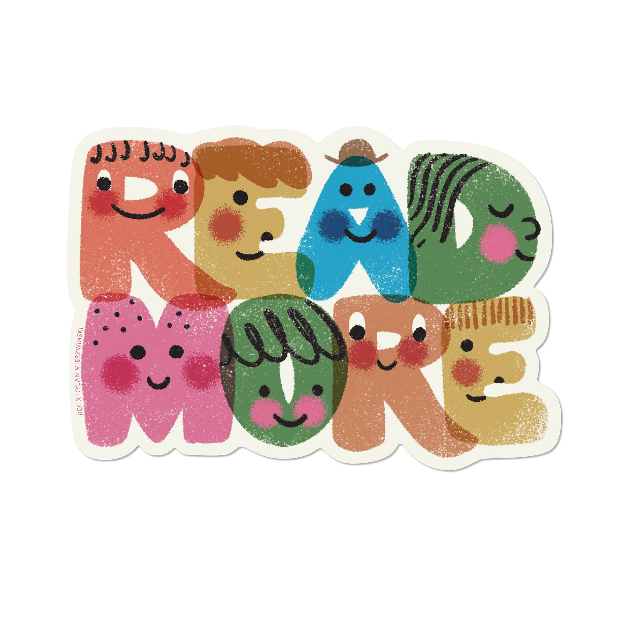 Colorful sticker with cartoon characters spelling 'READ MORE' on a white background