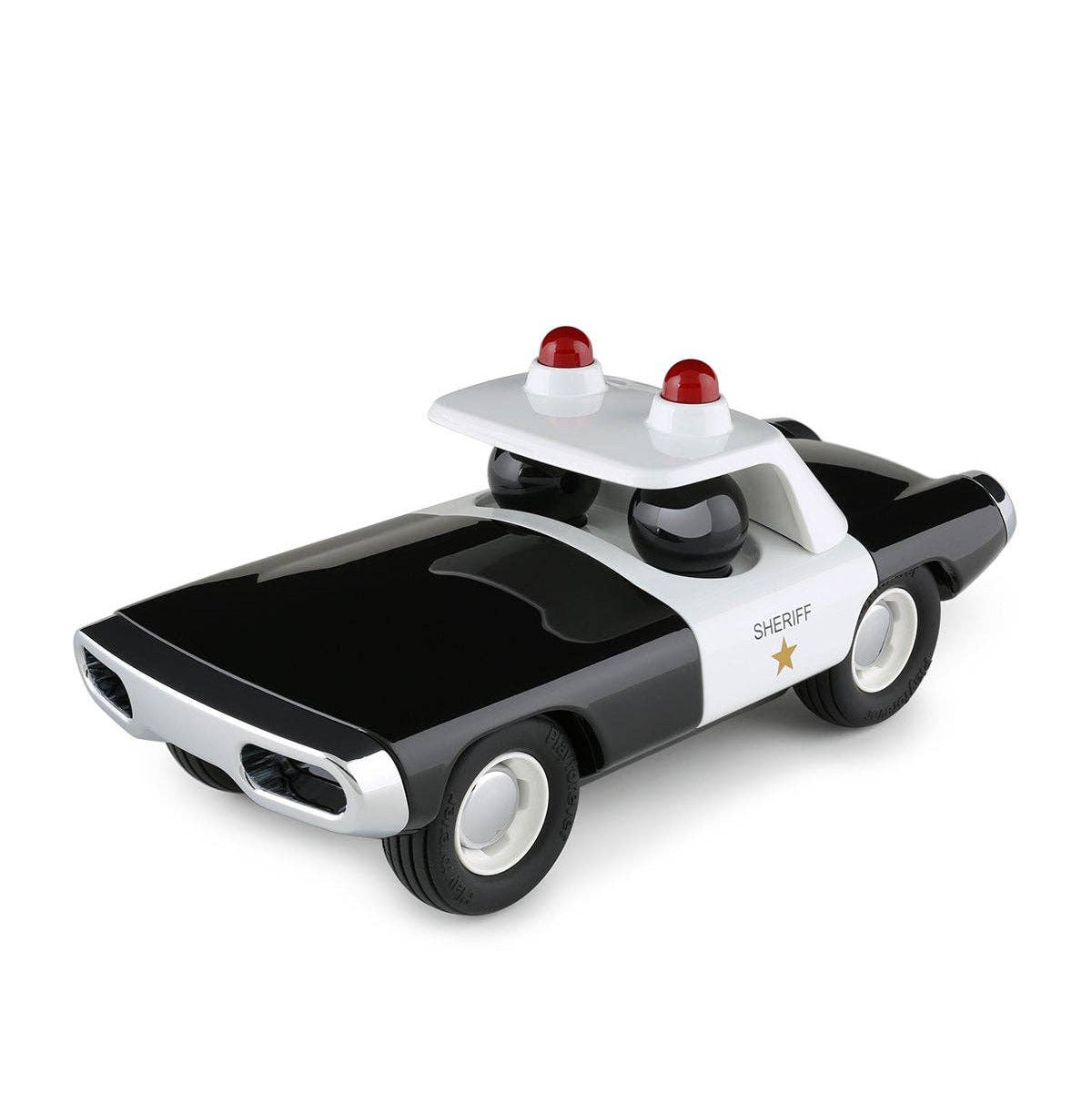 A toy or model sheriff's police car in a black and white color scheme, featuring red emergency lights on top and a gold sheriff's star emblem on the side door, shown on a plain white background.