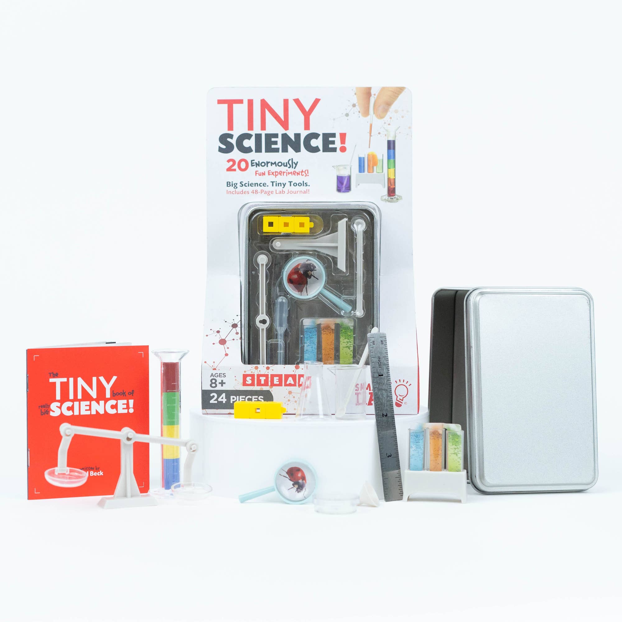 Tiny Science! educational toy set packaging with tools and accessories on a white background