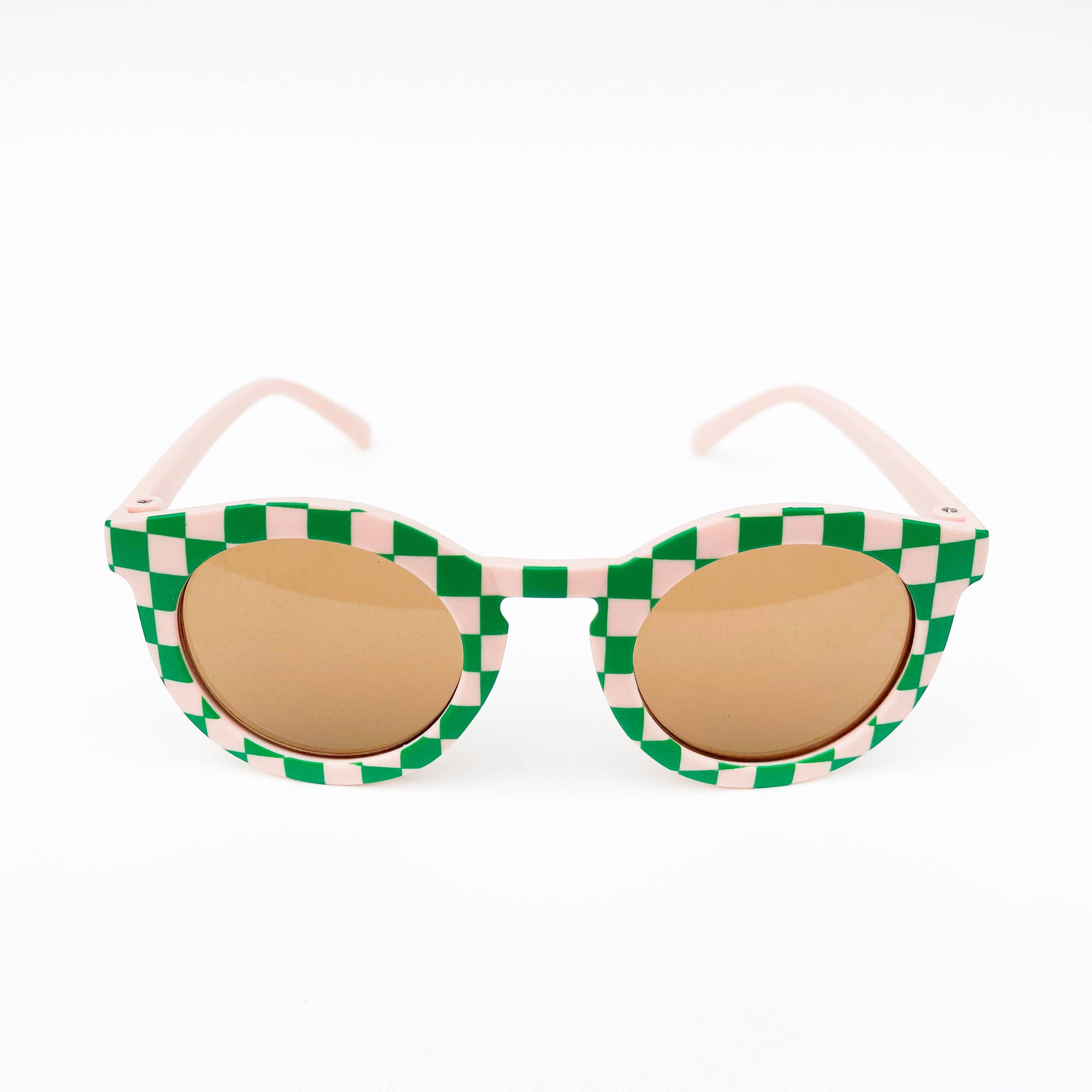 Sunglasses with green and pink checkered frame on a white background
