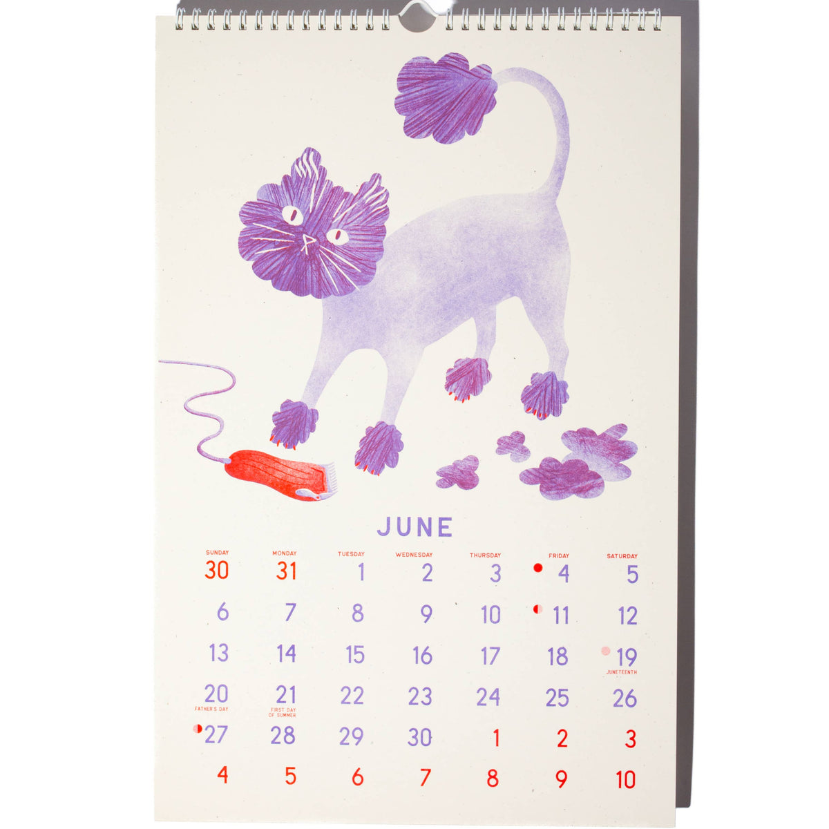A spiral-bound desk calendar page featuring a watercolor illustration of a white poodle with purple flowers and a red bow on an off-white background, with the month June and dates printed below.