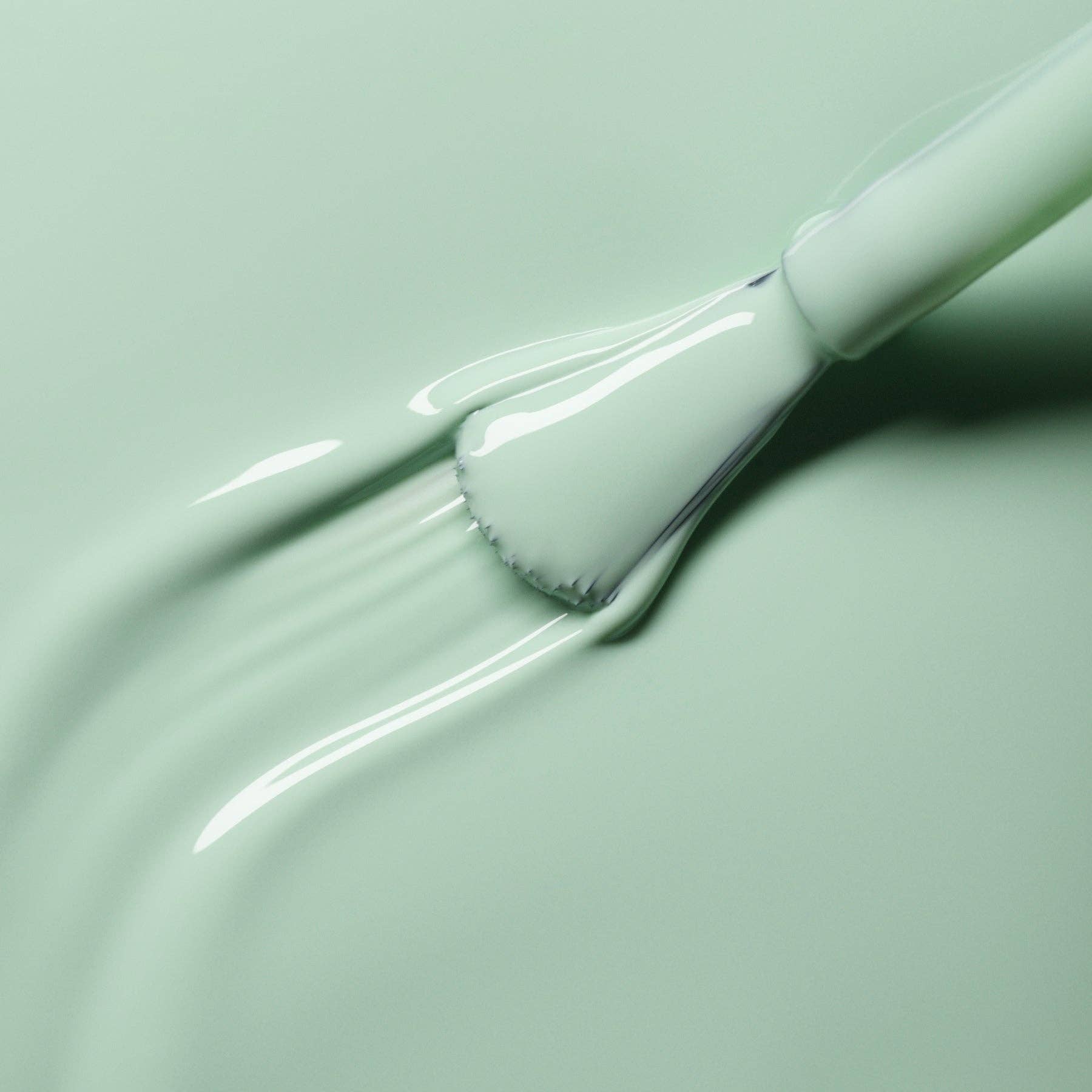 Close-up of a paintbrush with light green paint on a matching green background
