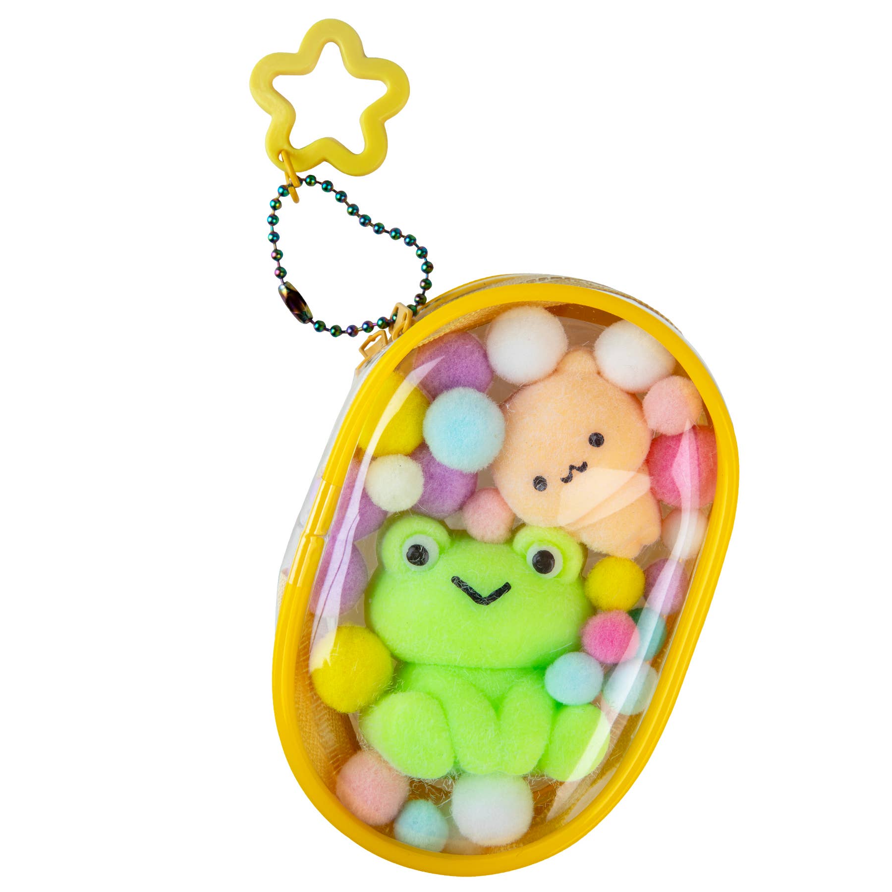 Small yellow pouch with a green frog and pink creature toy inside on a white background