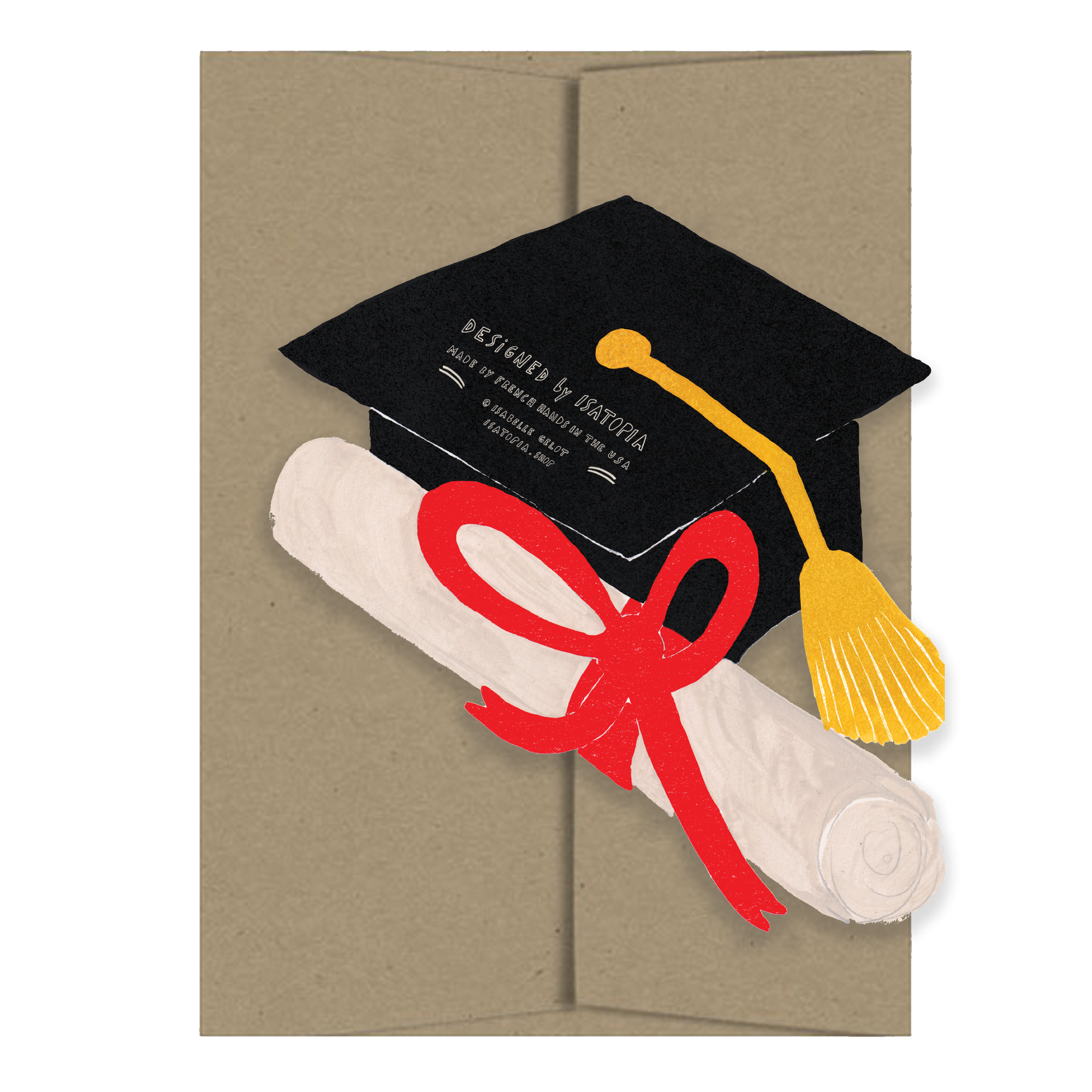 Graduation-themed card with a cap, diploma, and red ribbon on a beige background