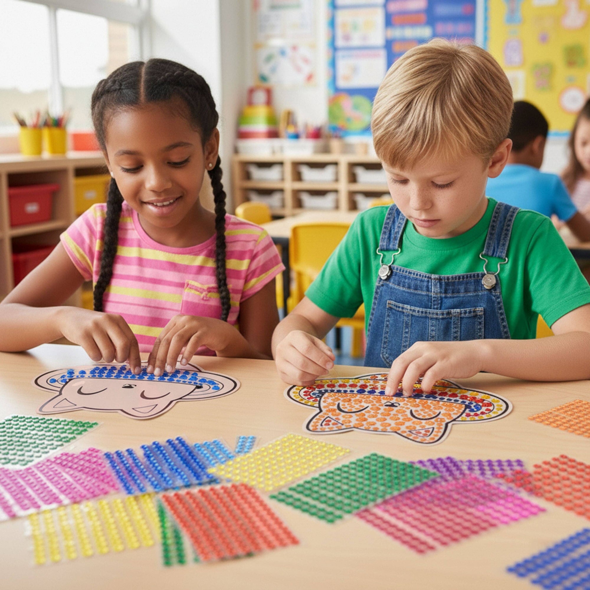 Two children, a girl with braids in a pink striped shirt and a boy in a green shirt and denim overalls, sitting at a table playing with colorful plastic bead grids and animal-shaped bead designs in a bright classroom.