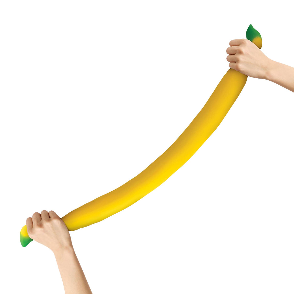 Two hands holding a large yellow inflatable snake toy on a white background