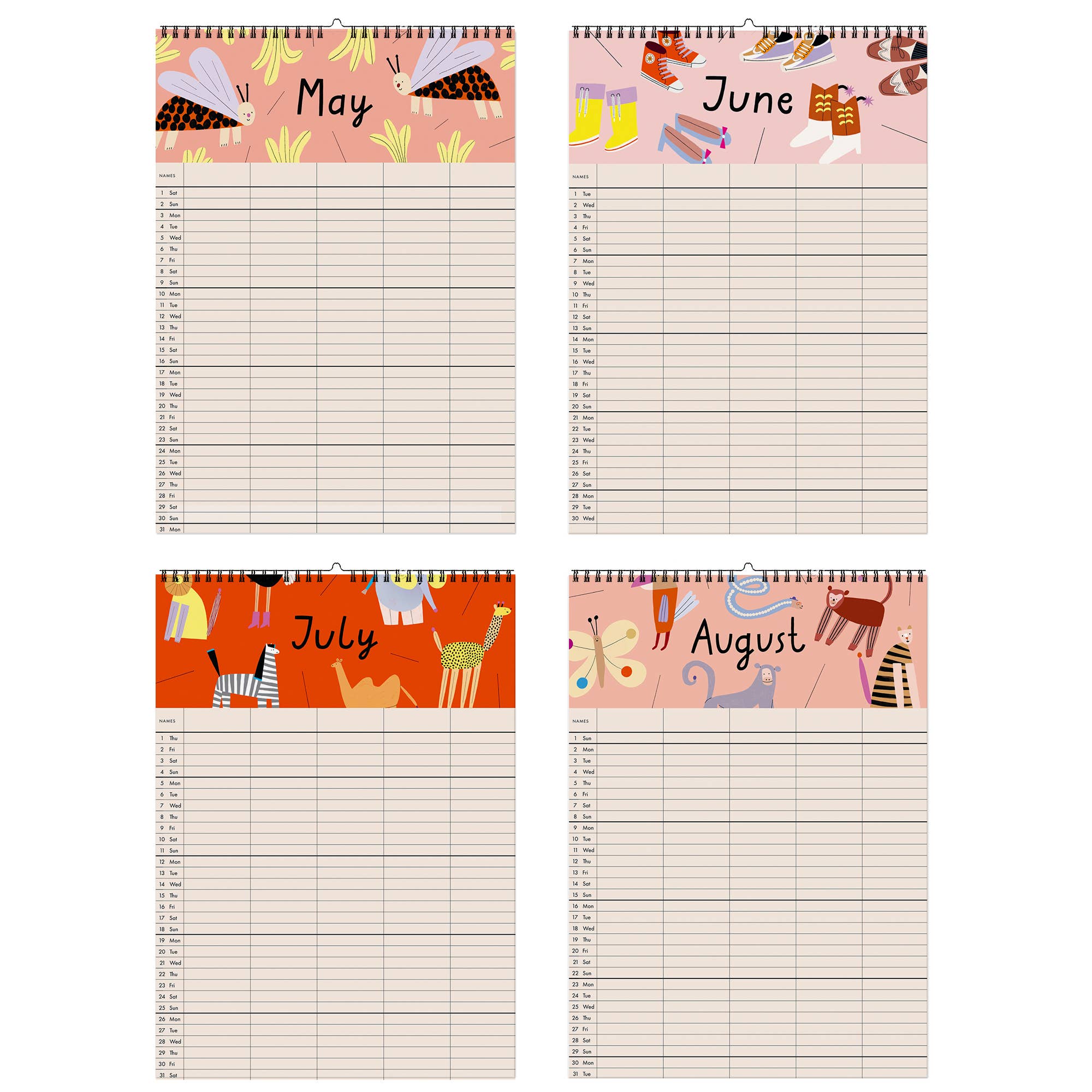 Four spiral-bound monthly planning pages for May, June, July, and August, arranged in a 2x2 grid. Each page has a colorful illustrated header with seasonal motifs and a large grid of lined writing space below.