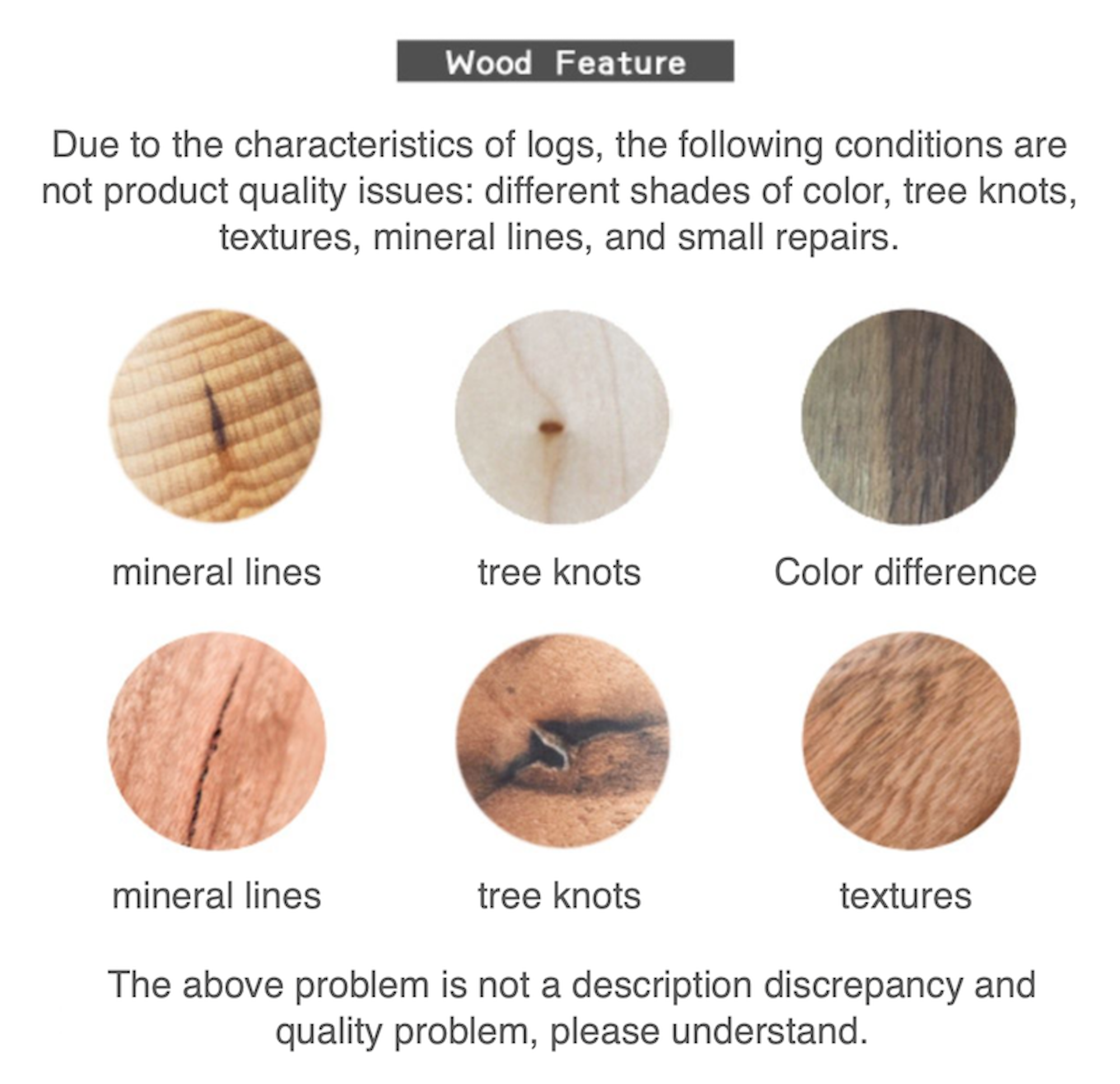 Wood feature chart with examples of natural wood variations on a white background.